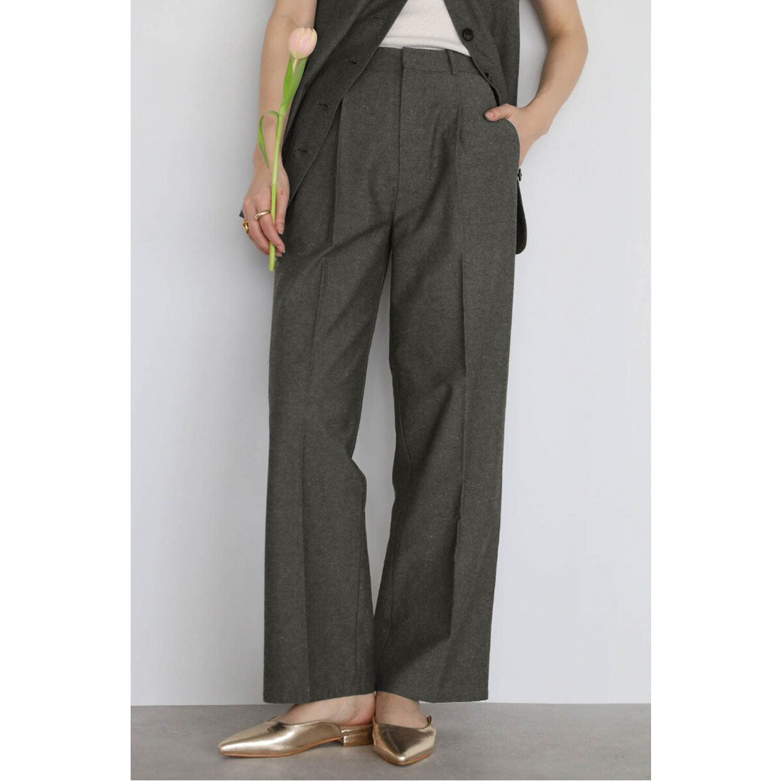 ボンジュールサガン BONJOUR SAGAN linen blend long vest × pants set up / リネン混ロングベスト×パンツセットアップ (CHARCOAL-GRAY) CHARCOAL-GRAY