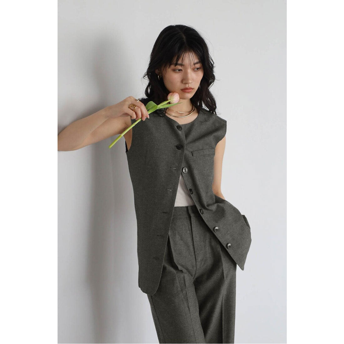 ボンジュールサガン BONJOUR SAGAN linen blend long vest × pants set up / リネン混ロングベスト×パンツセットアップ (CHARCOAL-GRAY) CHARCOAL-GRAY