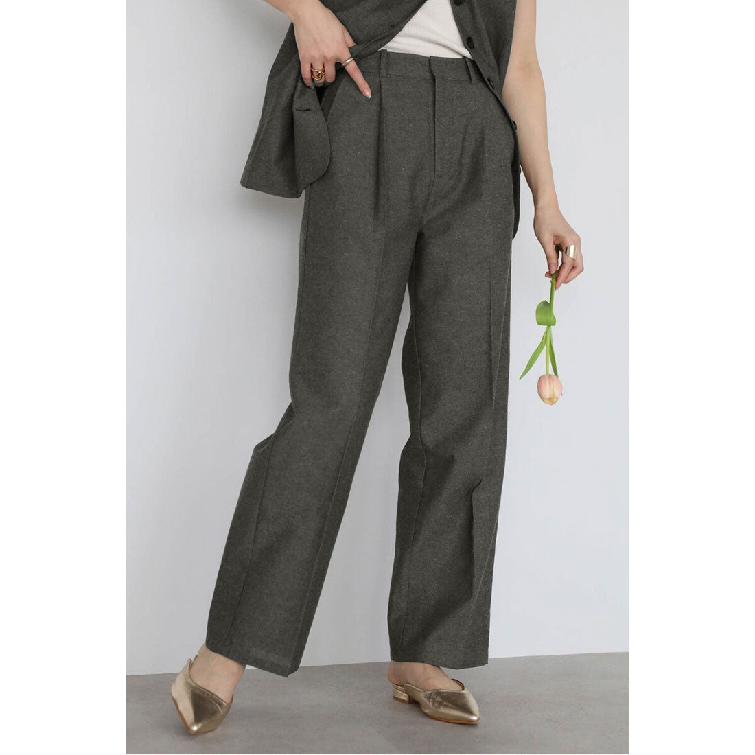 ボンジュールサガン BONJOUR SAGAN linen blend long vest × pants set up / リネン混ロングベスト×パンツセットアップ (CHARCOAL-GRAY) CHARCOAL-GRAY