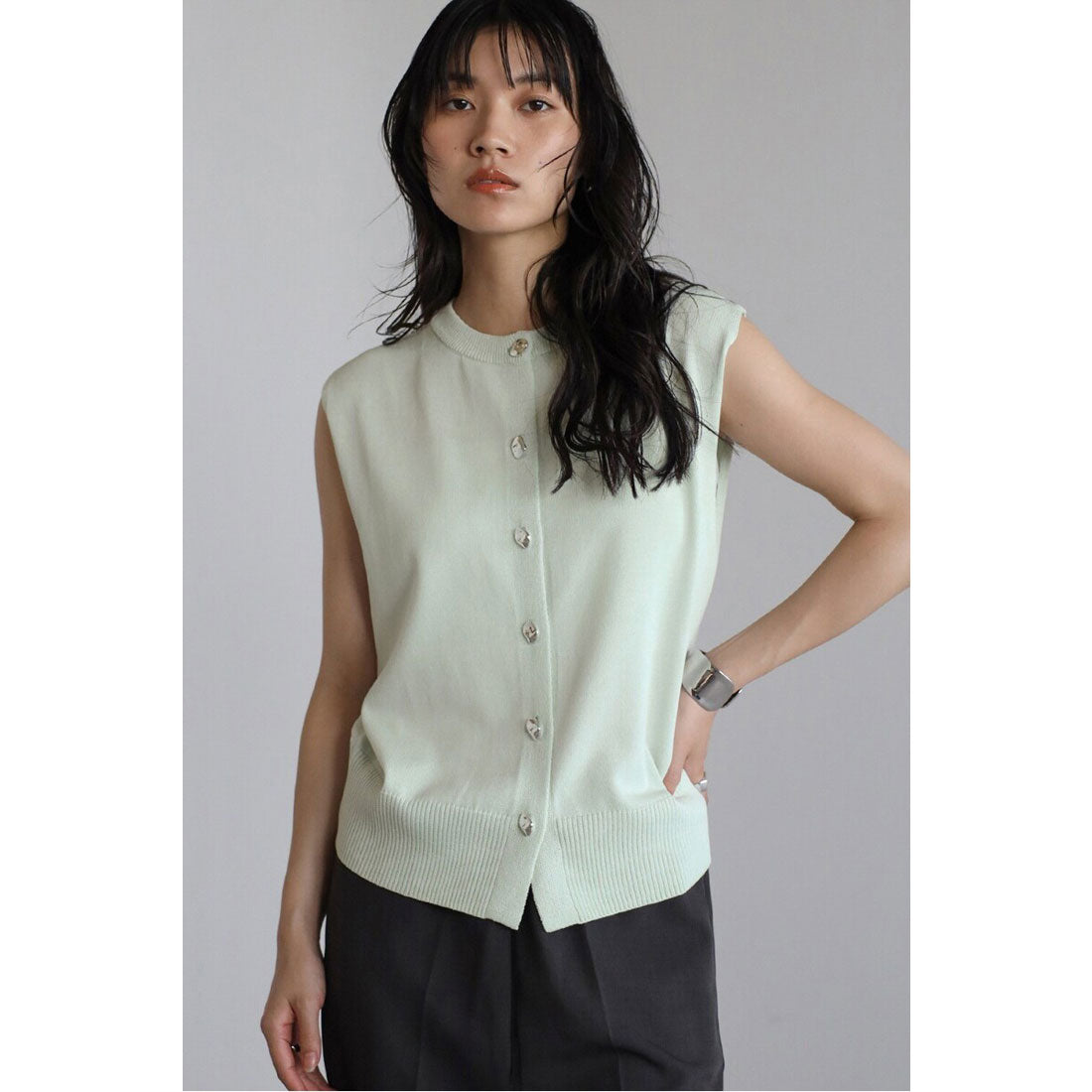 ボンジュールサガン BONJOUR SAGAN nuance button summer knit vest / 変形釦サマーニットベスト (MINT) MINT