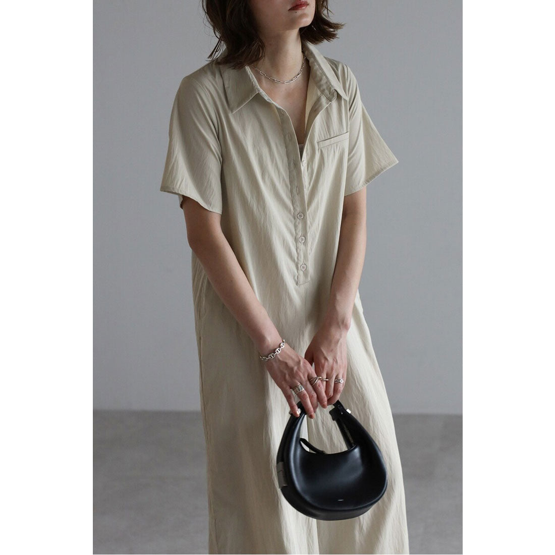 ボンジュールサガン BONJOUR SAGAN 襟付きハーフスリーブジャンプスーツ (ECRU) ECRU