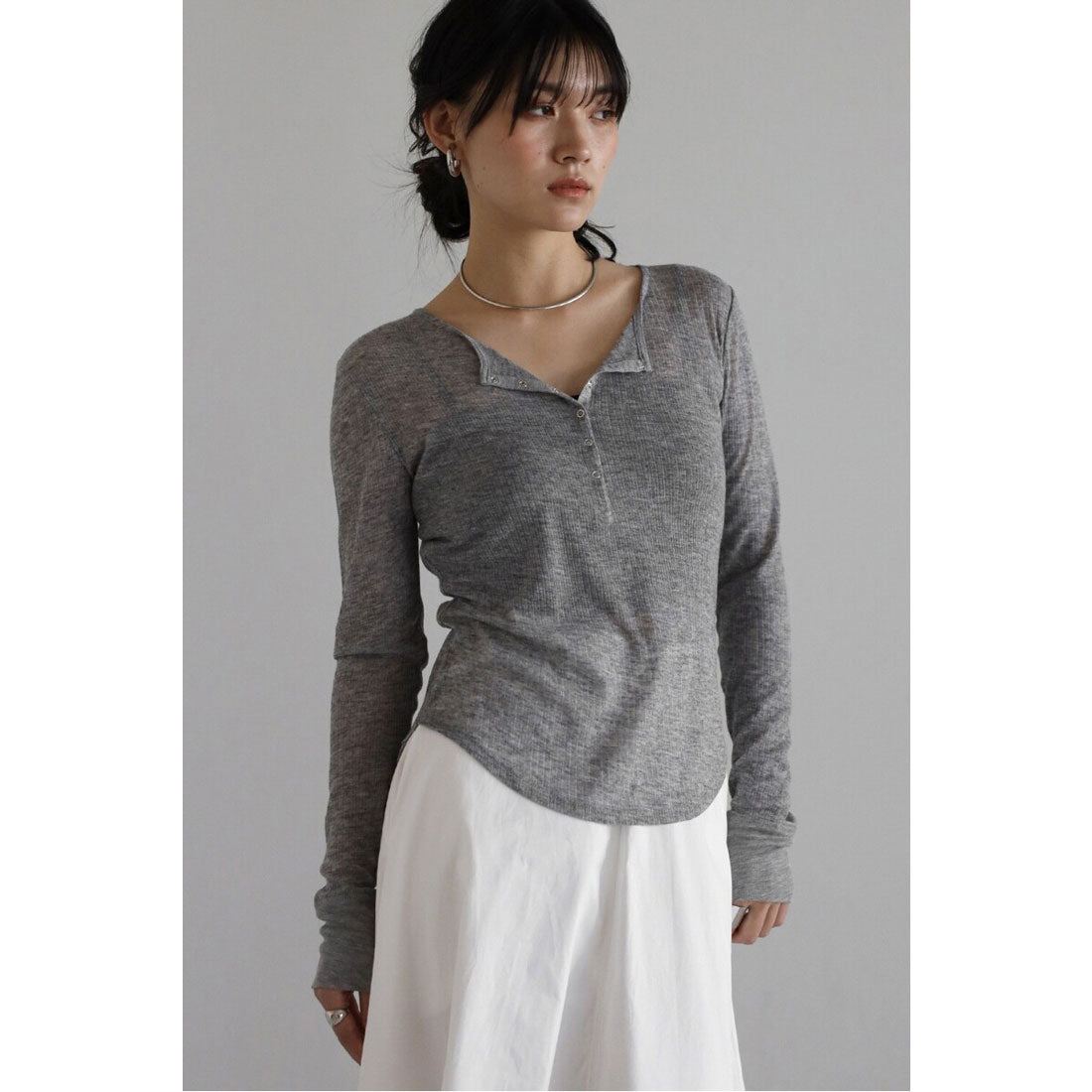 ボンジュールサガン BONJOUR SAGAN henry neck sheer pullover / ヘンリーネックシアープルオーバー (LIGHT-GRAY) LIGHT-GRAY