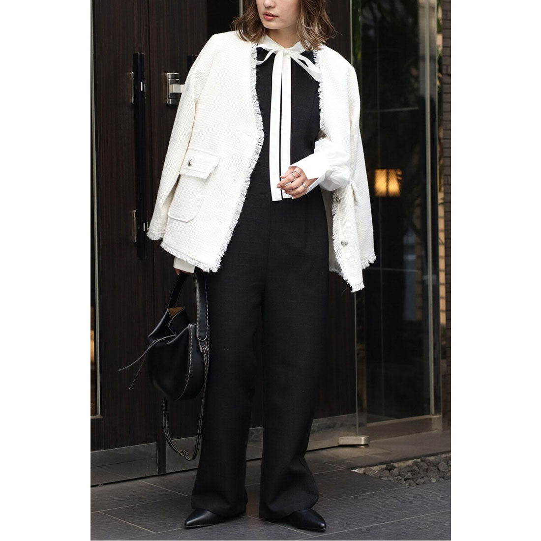 ボンジュールサガン BONJOUR SAGAN スリーブレスライトツイードオールインワン (BLACK) BLACK