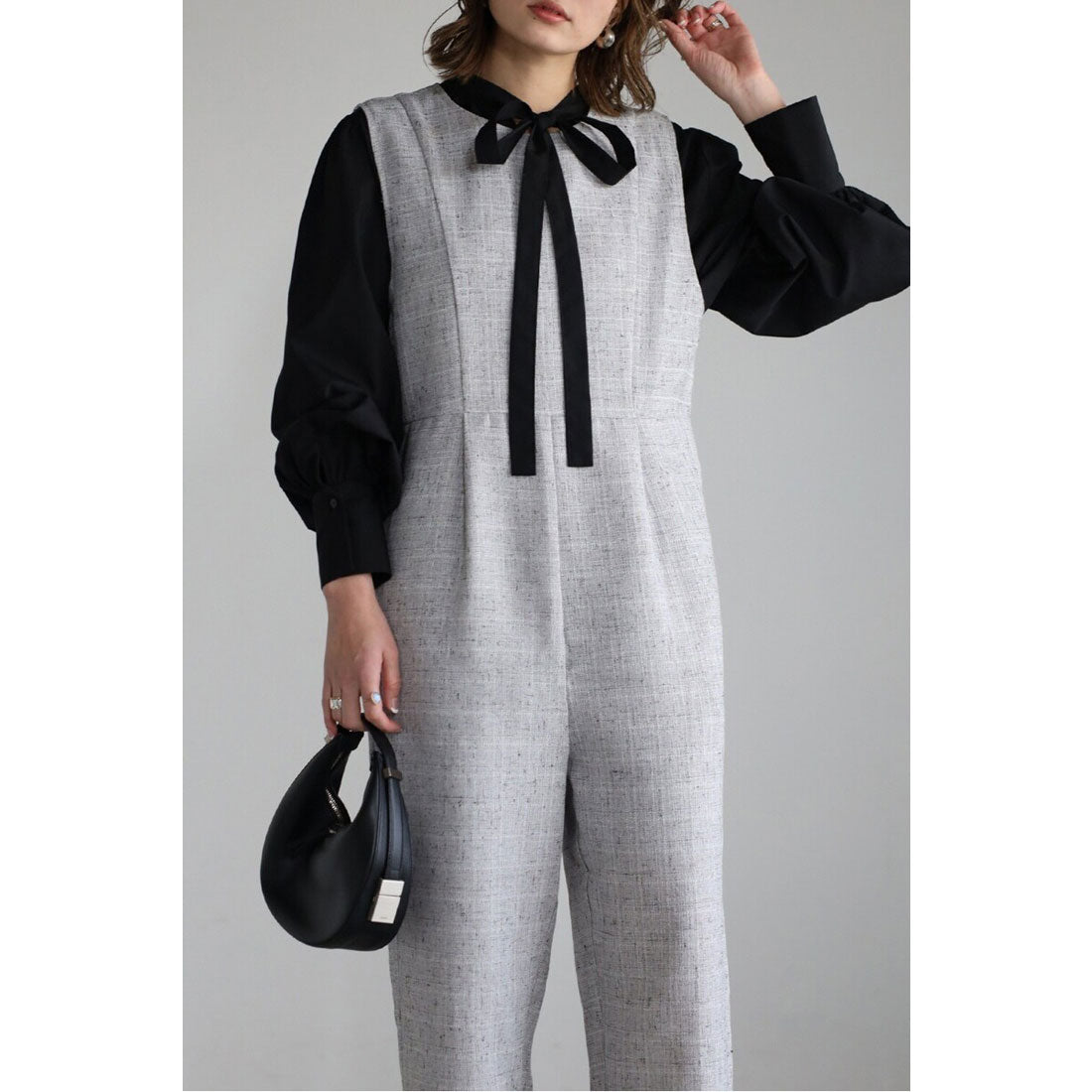 ボンジュールサガン BONJOUR SAGAN スリーブレスライトツイードオールインワン (BLACK) BLACK