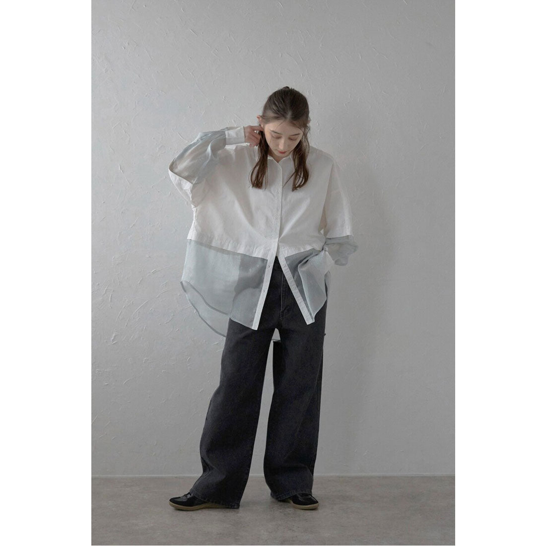 ボンジュールサガン BONJOUR SAGAN sheer shiny hem shirt / シアーシャイニーヘムナイロンシャツ (OFF-WHITE) OFF-WHITE