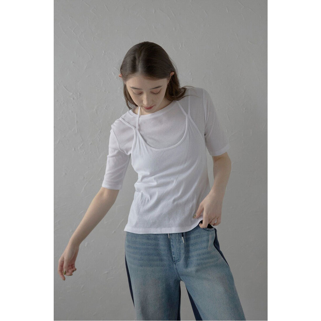 ボンジュールサガン BONJOUR SAGAN fake layered tops / ホルターネックフェイクレイヤードトップス (NAVY) NAVY