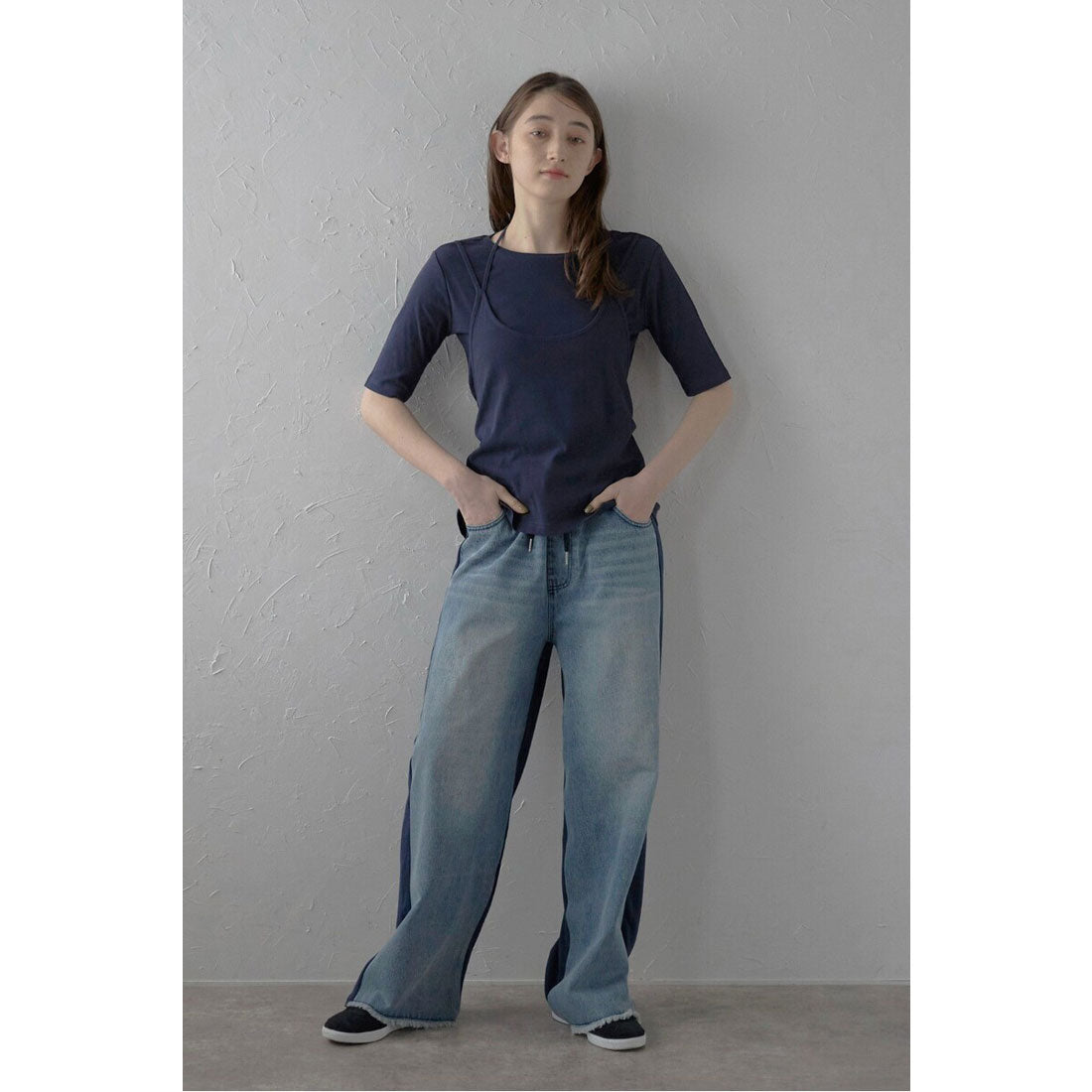 ボンジュールサガン BONJOUR SAGAN fake layered tops / ホルターネックフェイクレイヤードトップス (NAVY) NAVY