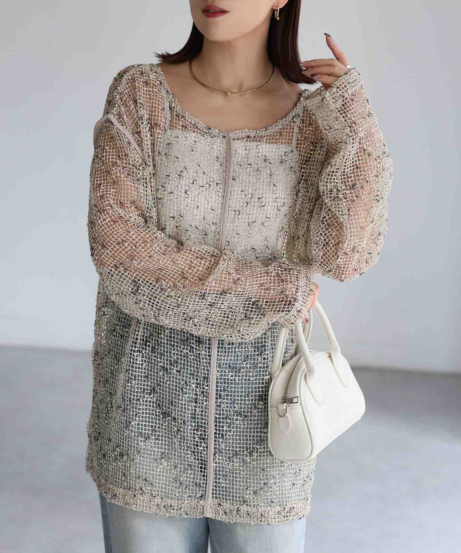 リベリー Riberry 前後2WAY透かし編みメッシュニットプルオーバー (ベージュ) ベージュ