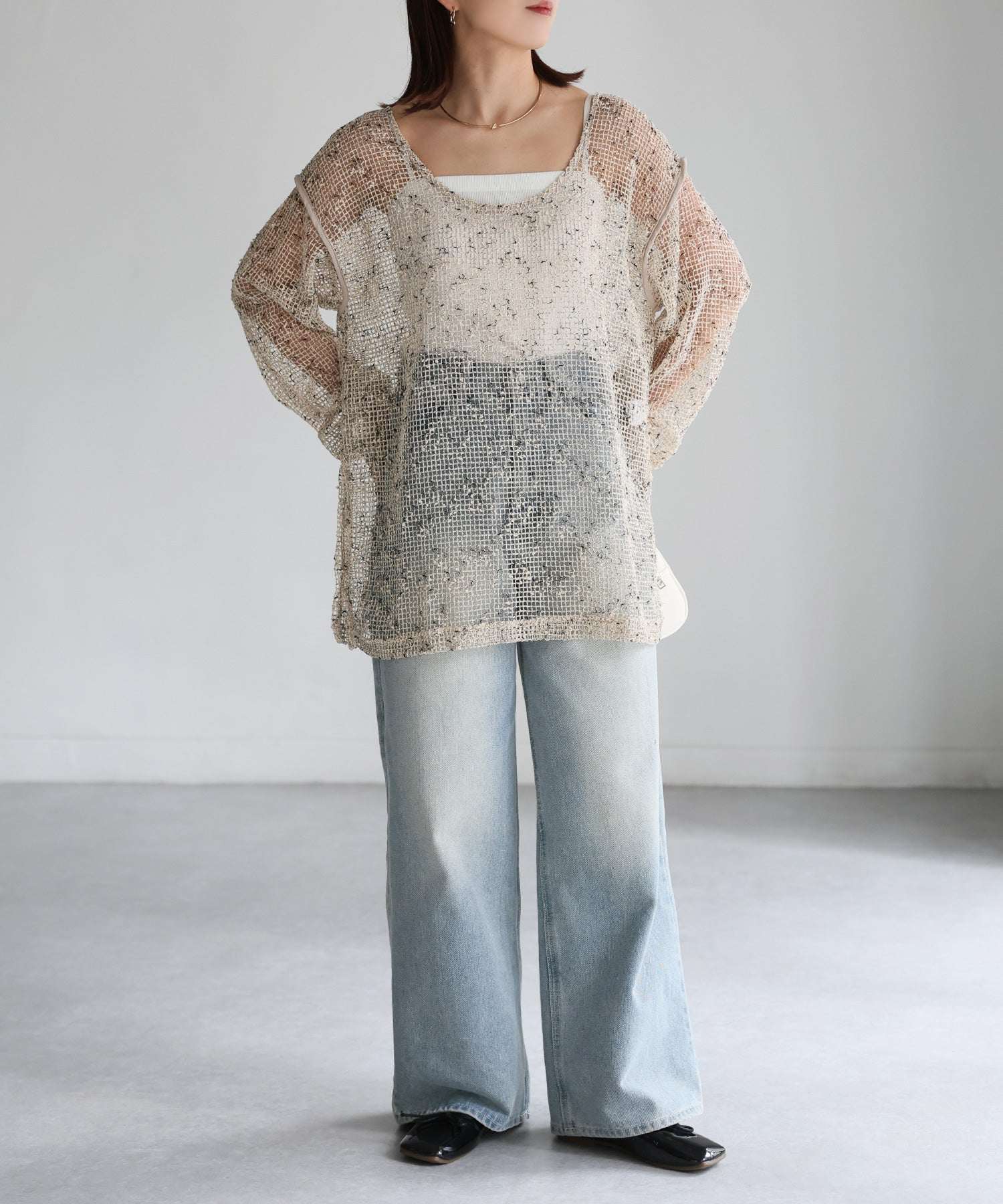 リベリー Riberry 前後2WAY透かし編みメッシュニットプルオーバー (ベージュ) ベージュ