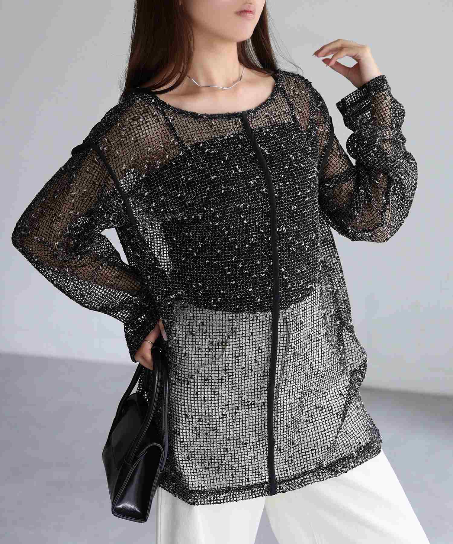 リベリー Riberry 前後2WAY透かし編みメッシュニットプルオーバー (ブラック) ブラック