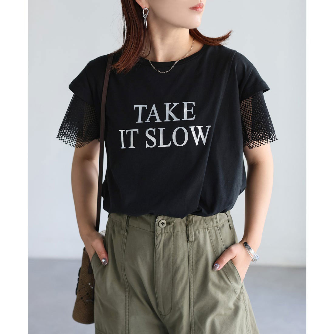 リベリー Riberry 袖メッシュ切替デザインロゴTシャツ (ブラック×シルバー) ブラック×シルバー