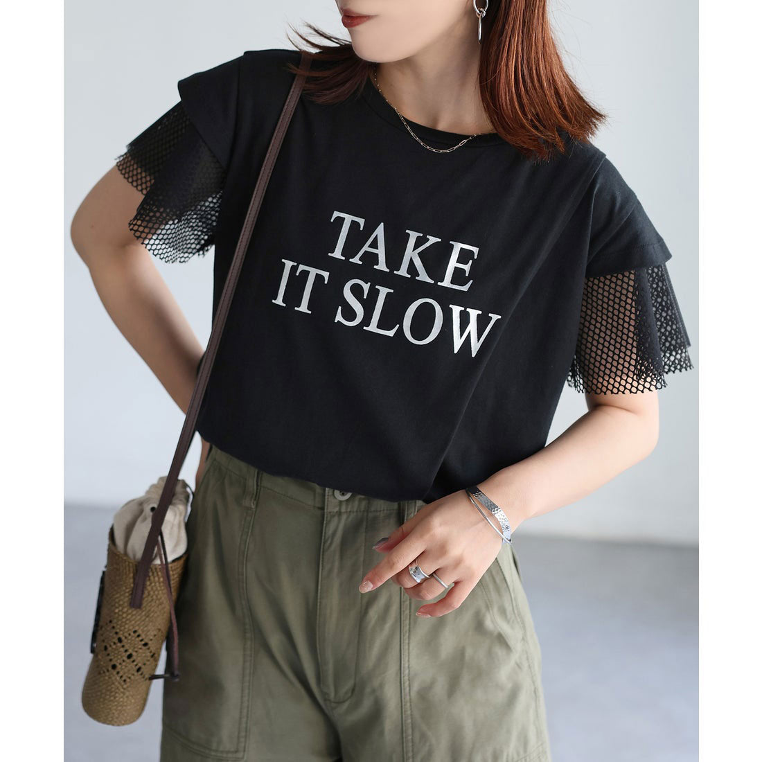 リベリー Riberry 袖メッシュ切替デザインロゴTシャツ (ブラック×シルバー) ブラック×シルバー