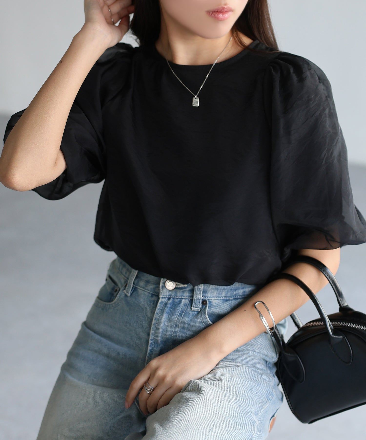 リベリー Riberry オーガンジー半袖ブラウス【フロッキードット/無地】 (ブラック) ブラック