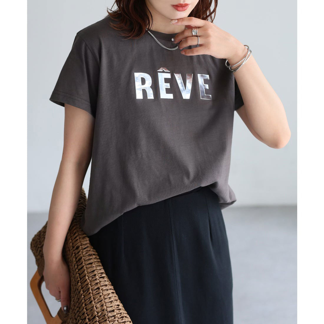 リベリー Riberry 発砲プリントメタリックロゴTシャツ (チャコールグレー) チャコールグレー