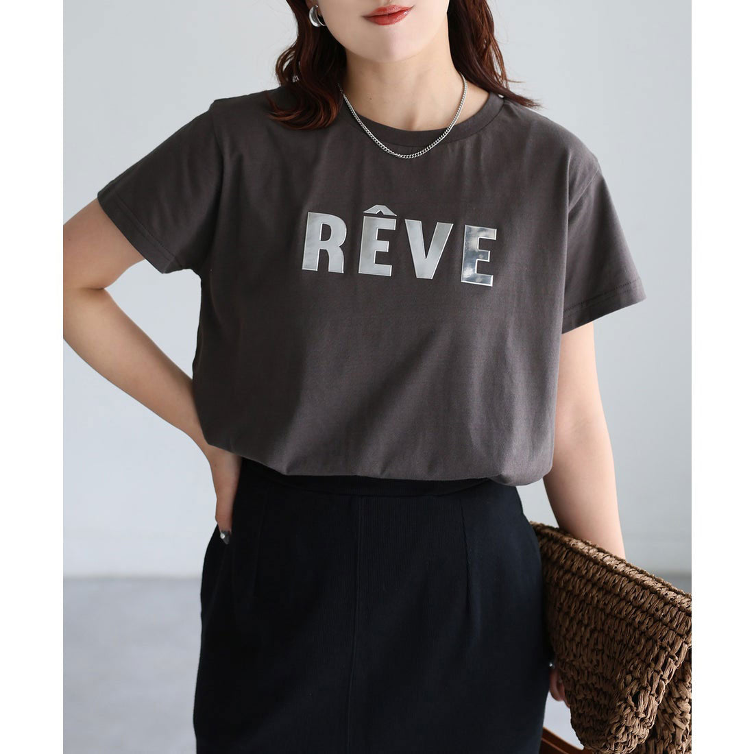 リベリー Riberry 発砲プリントメタリックロゴTシャツ (チャコールグレー) チャコールグレー