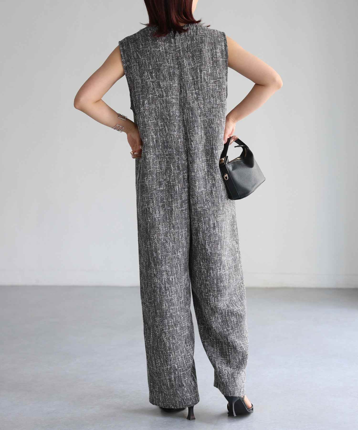 リベリー Riberry 深Vネックツイードサロペット (ブラック) ブラック