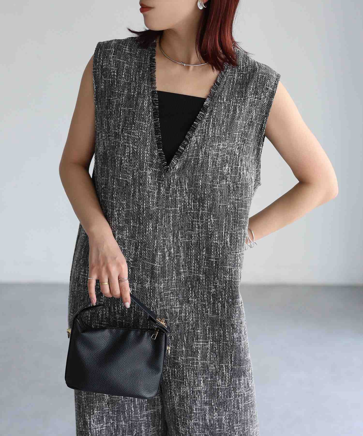 リベリー Riberry 深Vネックツイードサロペット (ブラック) ブラック