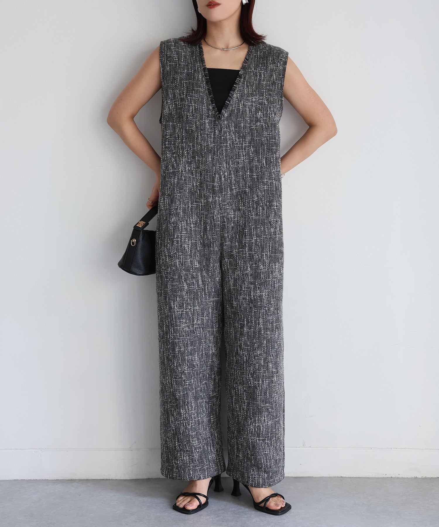 リベリー Riberry 深Vネックツイードサロペット (ブラック) ブラック