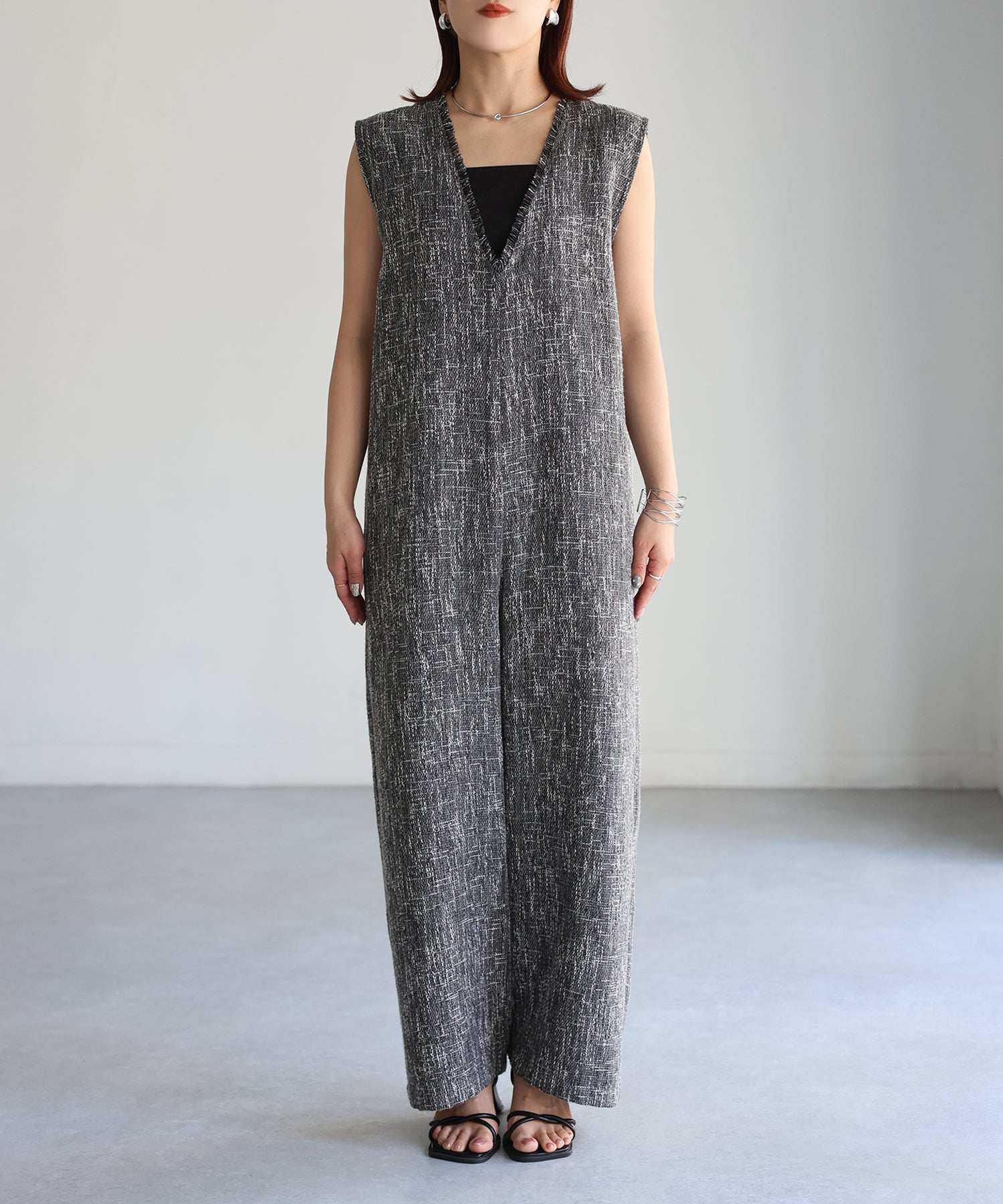 リベリー Riberry 深Vネックツイードサロペット (ブラック) ブラック