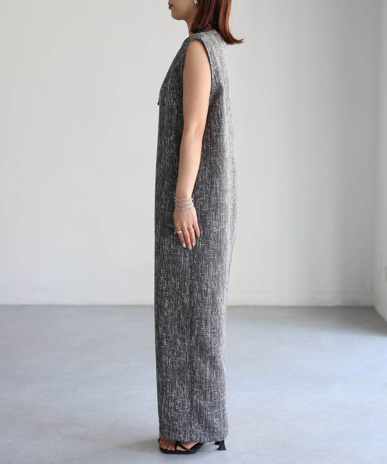 リベリー Riberry 深Vネックツイードサロペット (ブラック) ブラック