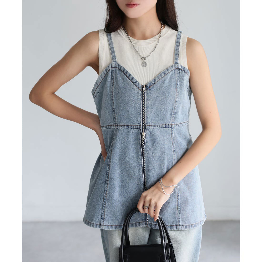 リベリー Riberry ダブルジップデニムペプラムビスチェ/キャミ (ブルー) ブルー