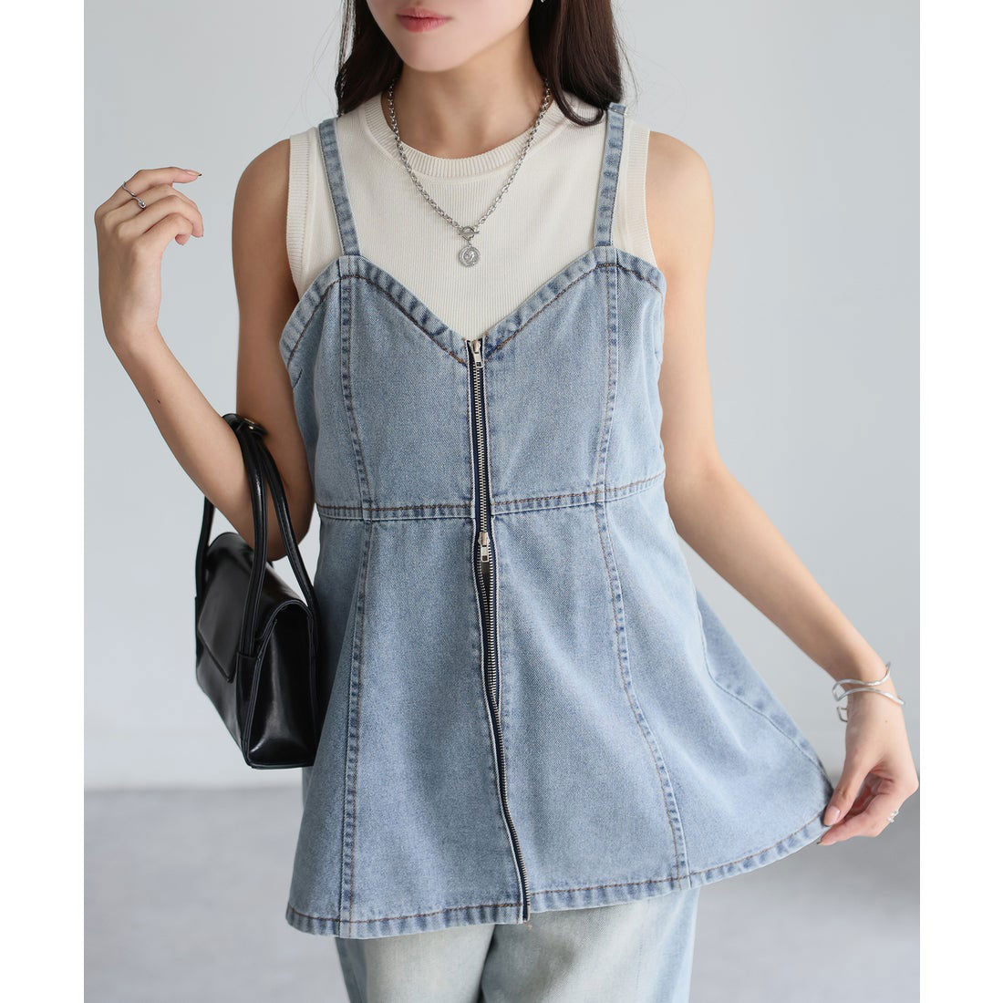 リベリー Riberry ダブルジップデニムペプラムビスチェ/キャミ (ブルー) ブルー