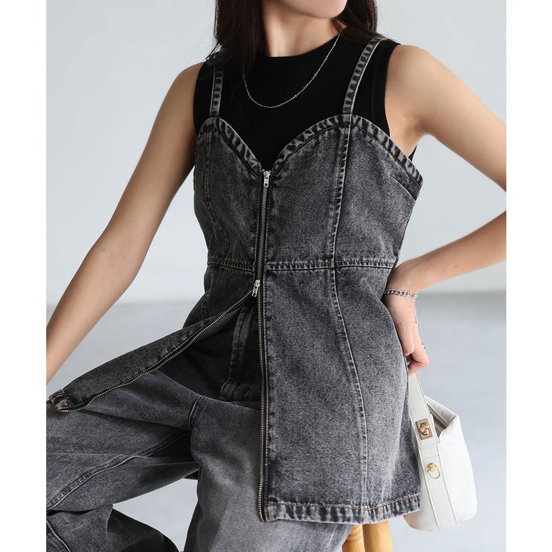 リベリー Riberry ダブルジップデニムペプラムビスチェ/キャミ (ブラック) ブラック
