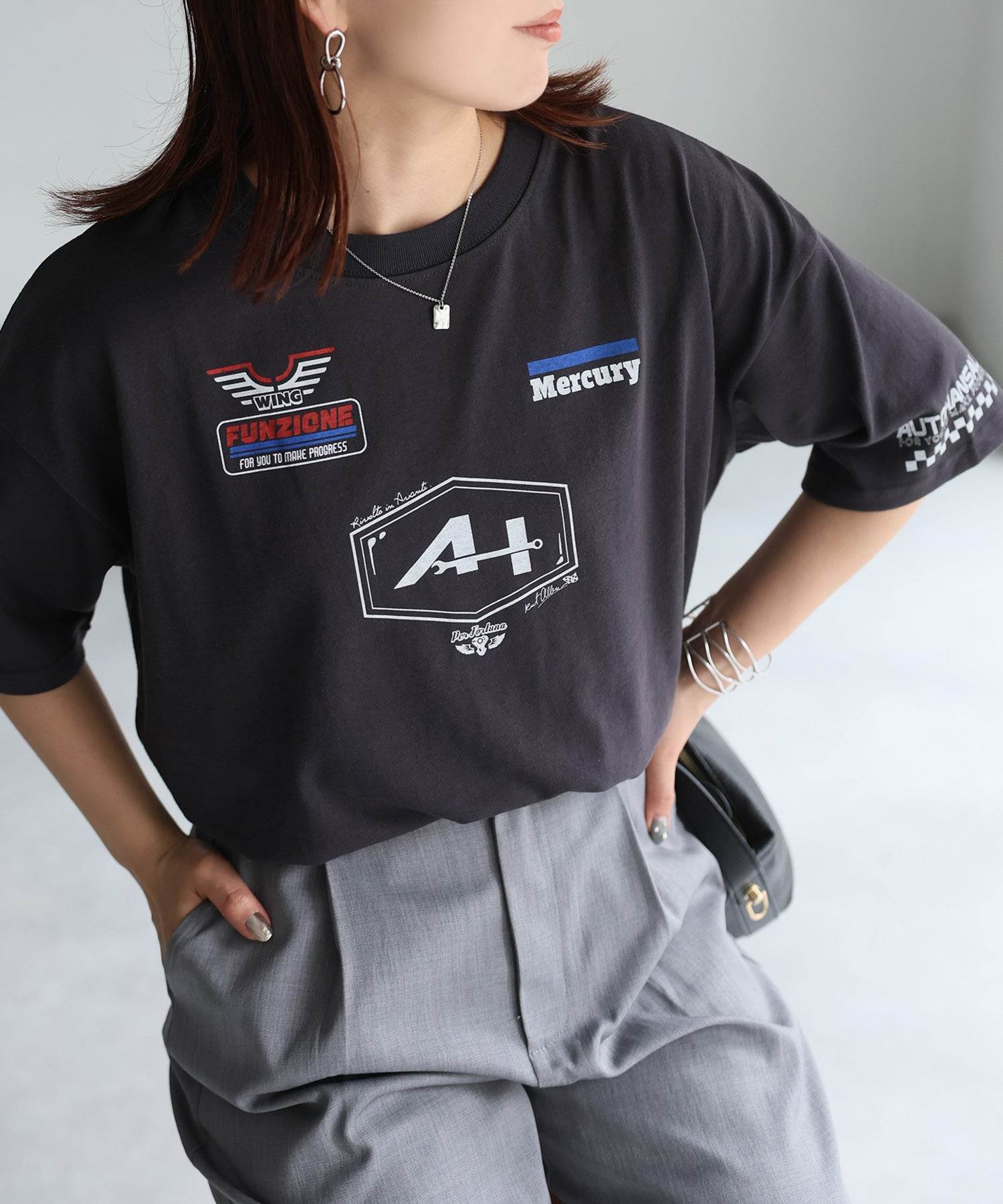 リベリー Riberry スポーティーミックスロゴデザインTシャツ (チャコールグレー) チャコールグレー