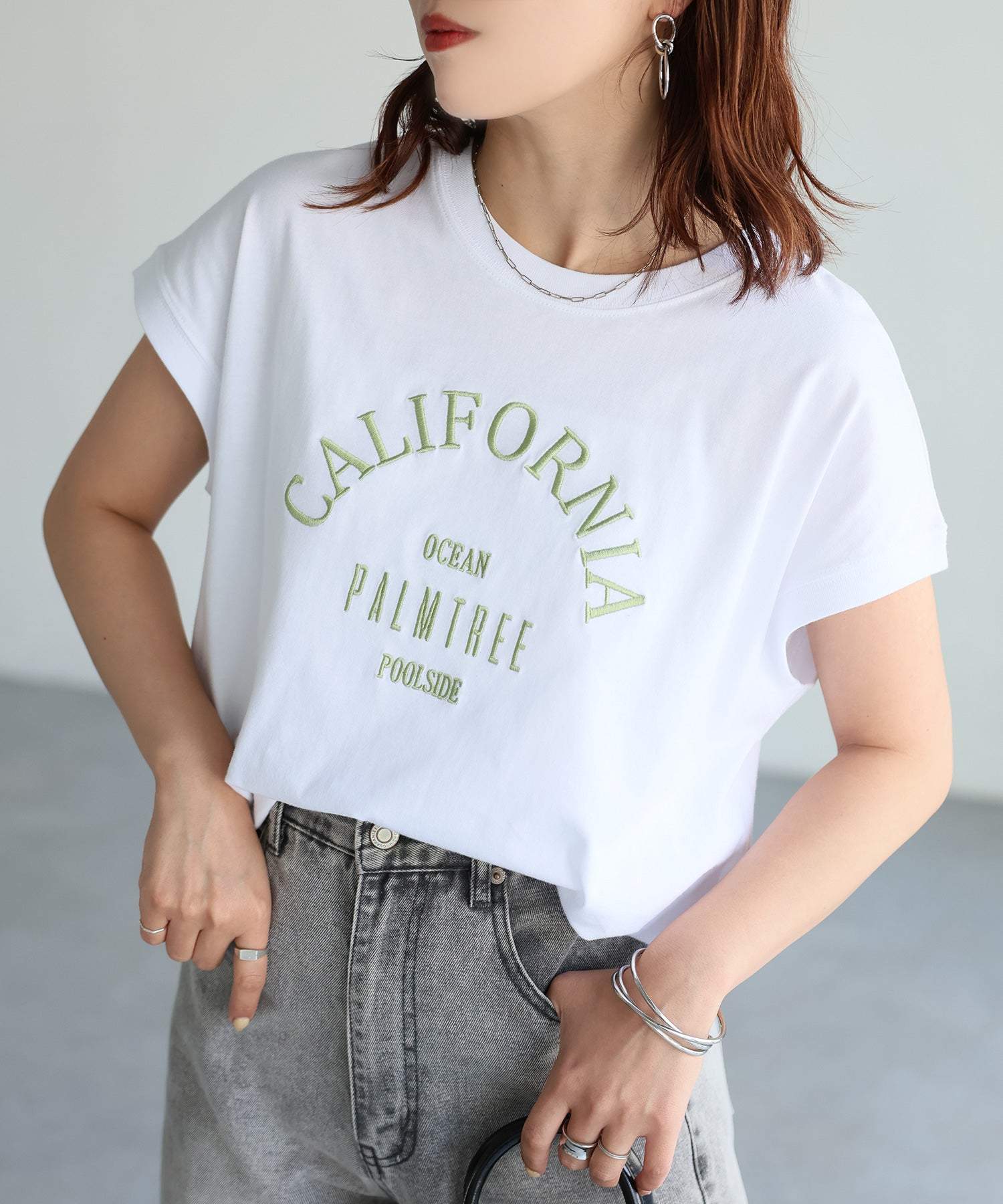 リベリー Riberry ロゴ刺繍フレンチTシャツ (ホワイト×グリーン) ホワイト×グリーン