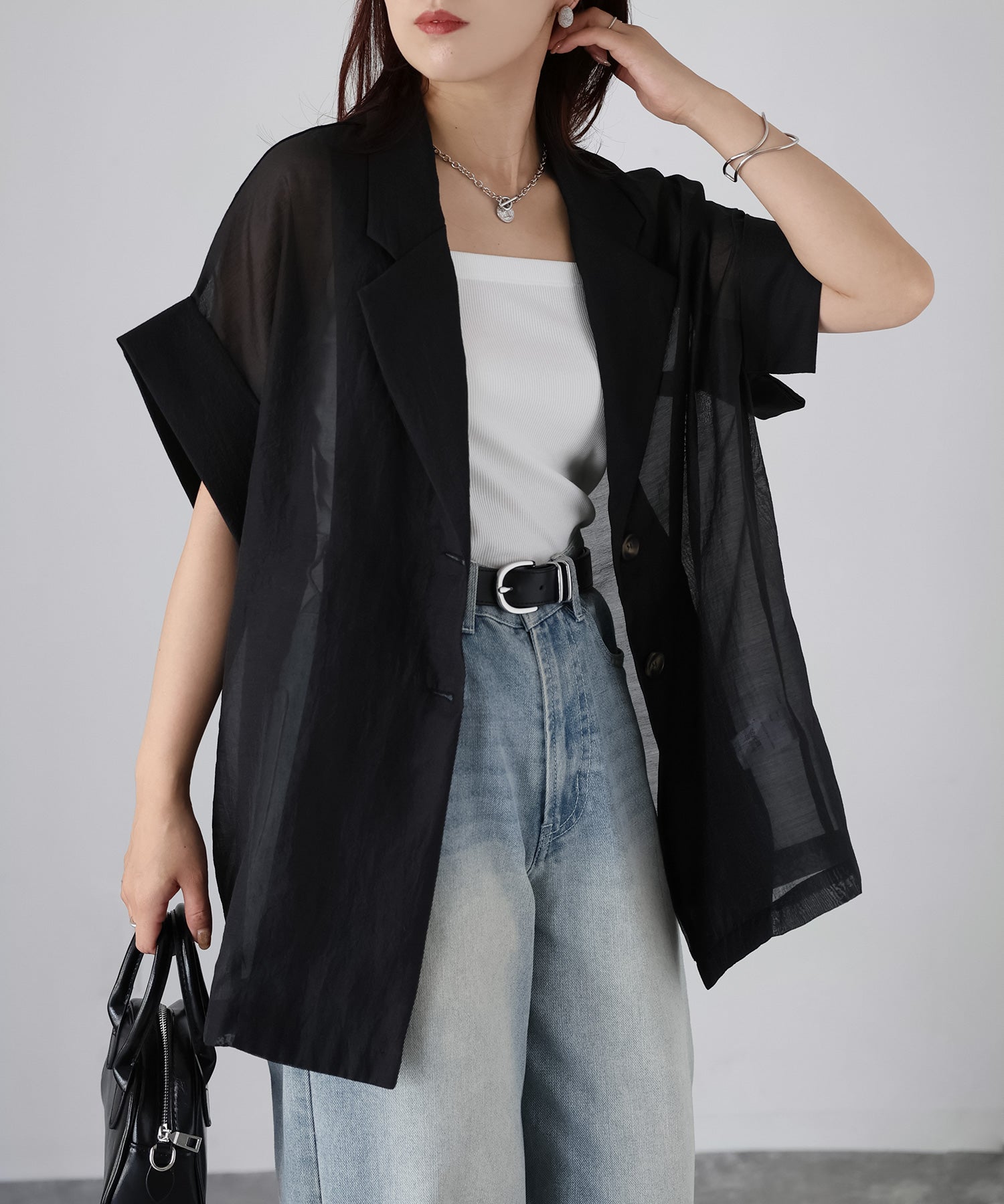 リベリー Riberry シアー半袖シャツジャケット (ブラック) ブラック