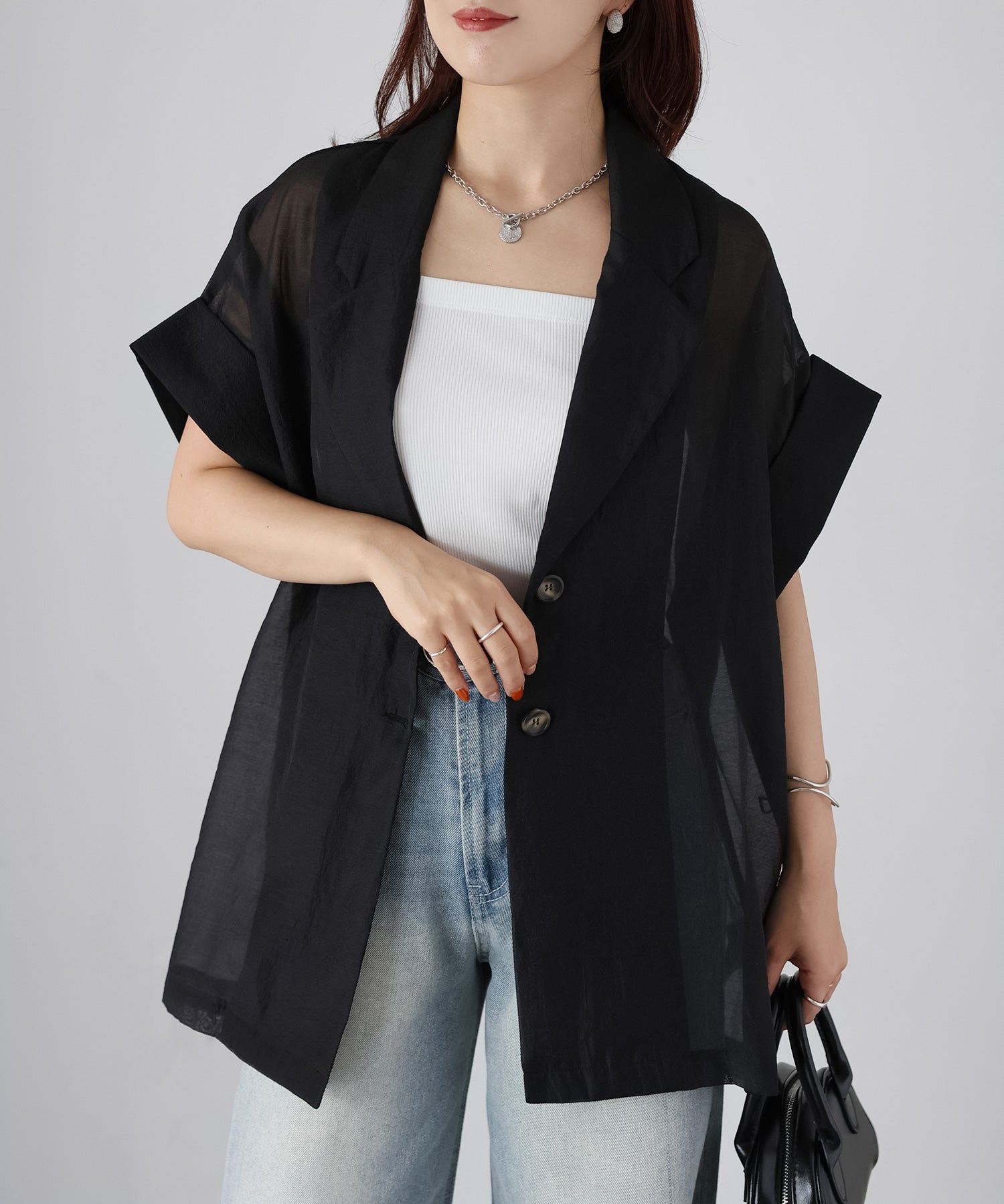 リベリー Riberry シアー半袖シャツジャケット (ブラック) ブラック