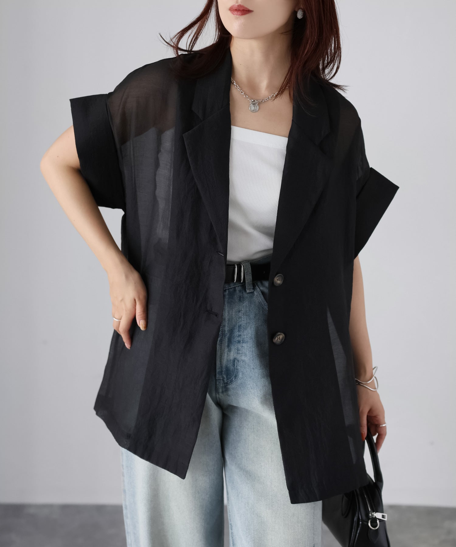 リベリー Riberry シアー半袖シャツジャケット (ブラック) ブラック