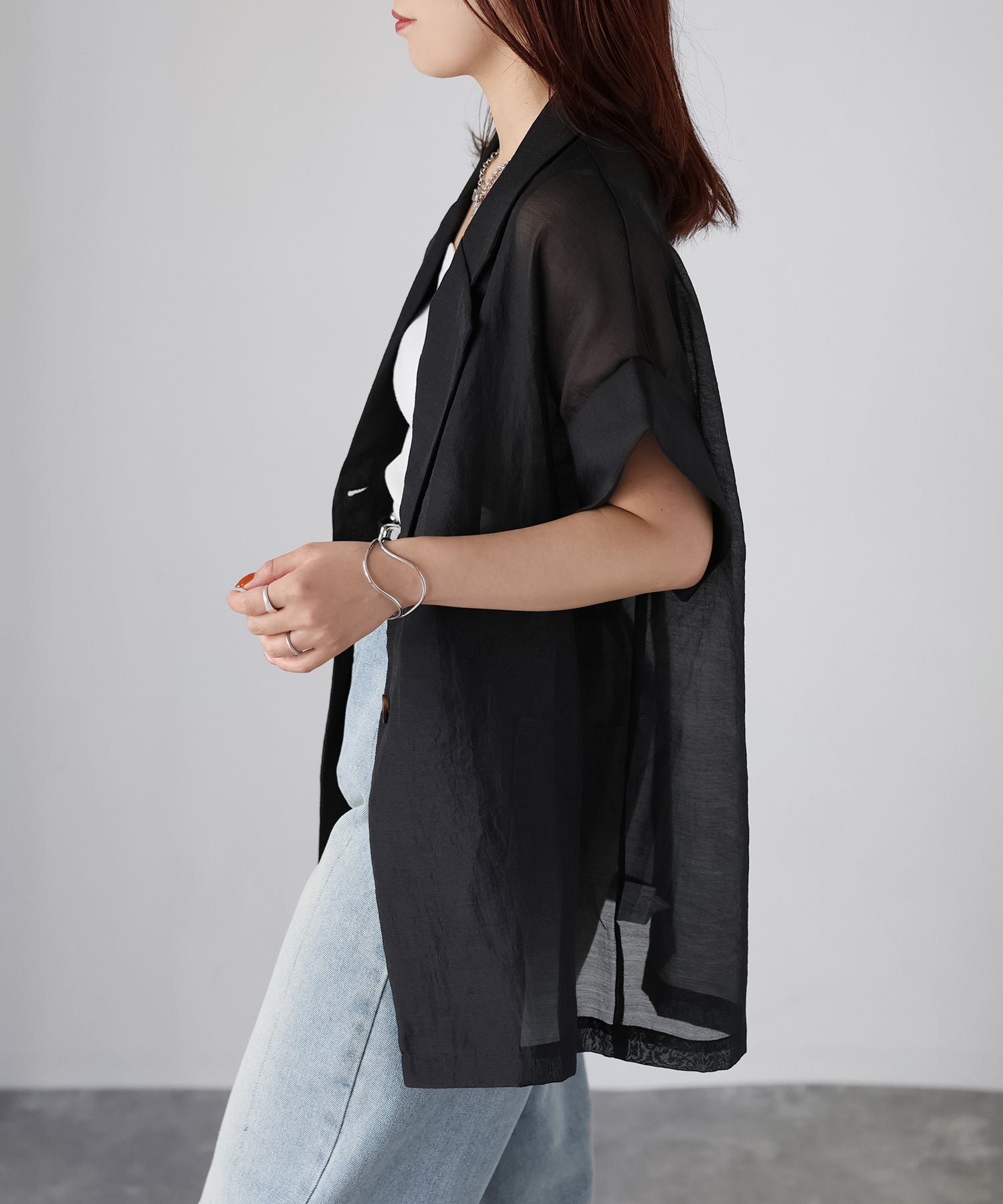 リベリー Riberry シアー半袖シャツジャケット (ブラック) ブラック