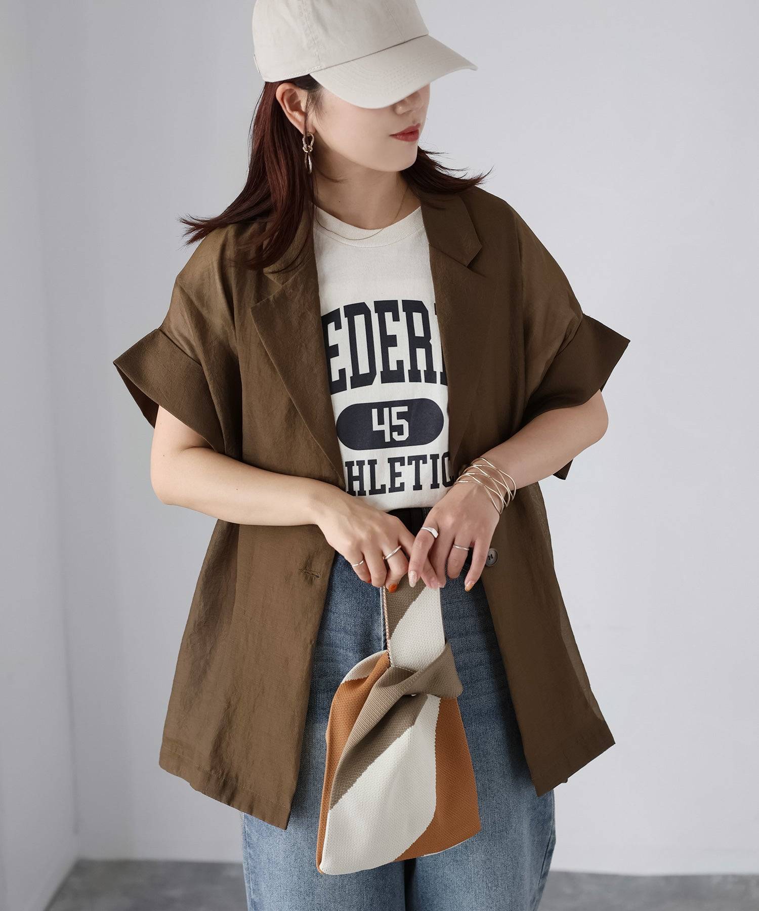 リベリー Riberry シアー半袖シャツジャケット (ブラウン) ブラウン