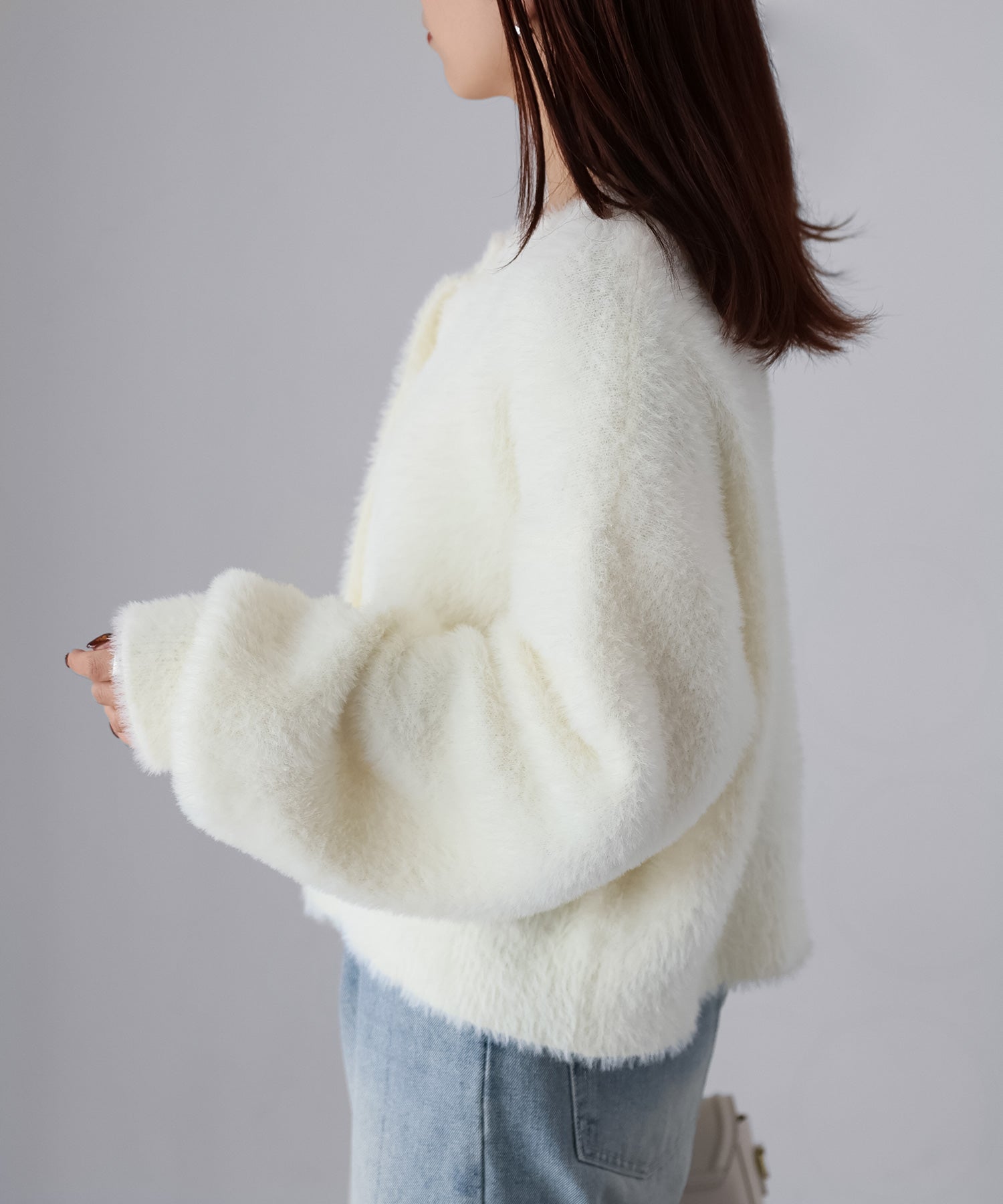 リベリー Riberry 金ボタンシャギーニットカーディガン (オフホワイト) オフホワイト