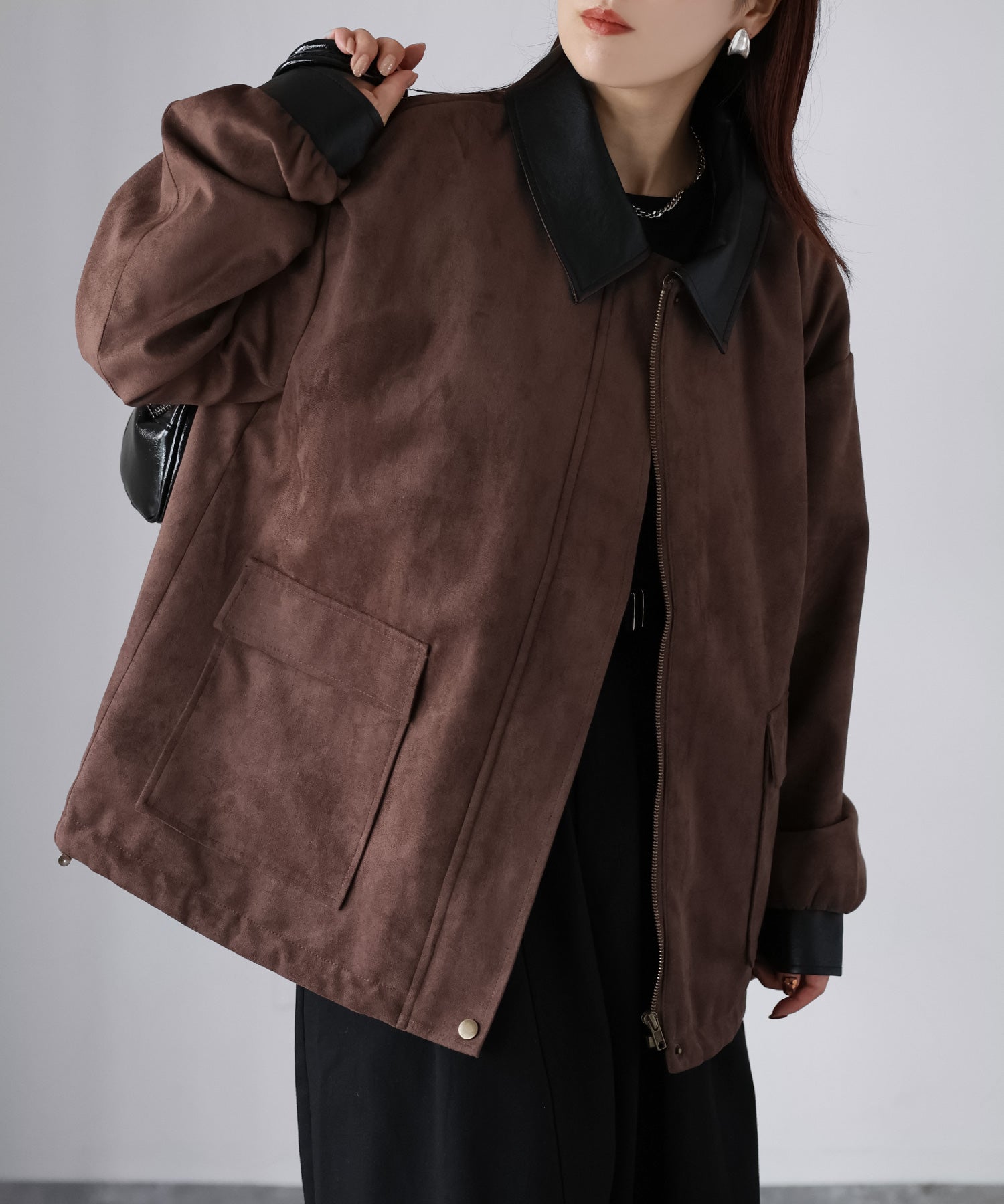 リベリー Riberry フェイクレザー切替中綿スエードブルゾン (ブラウン) ブラウン