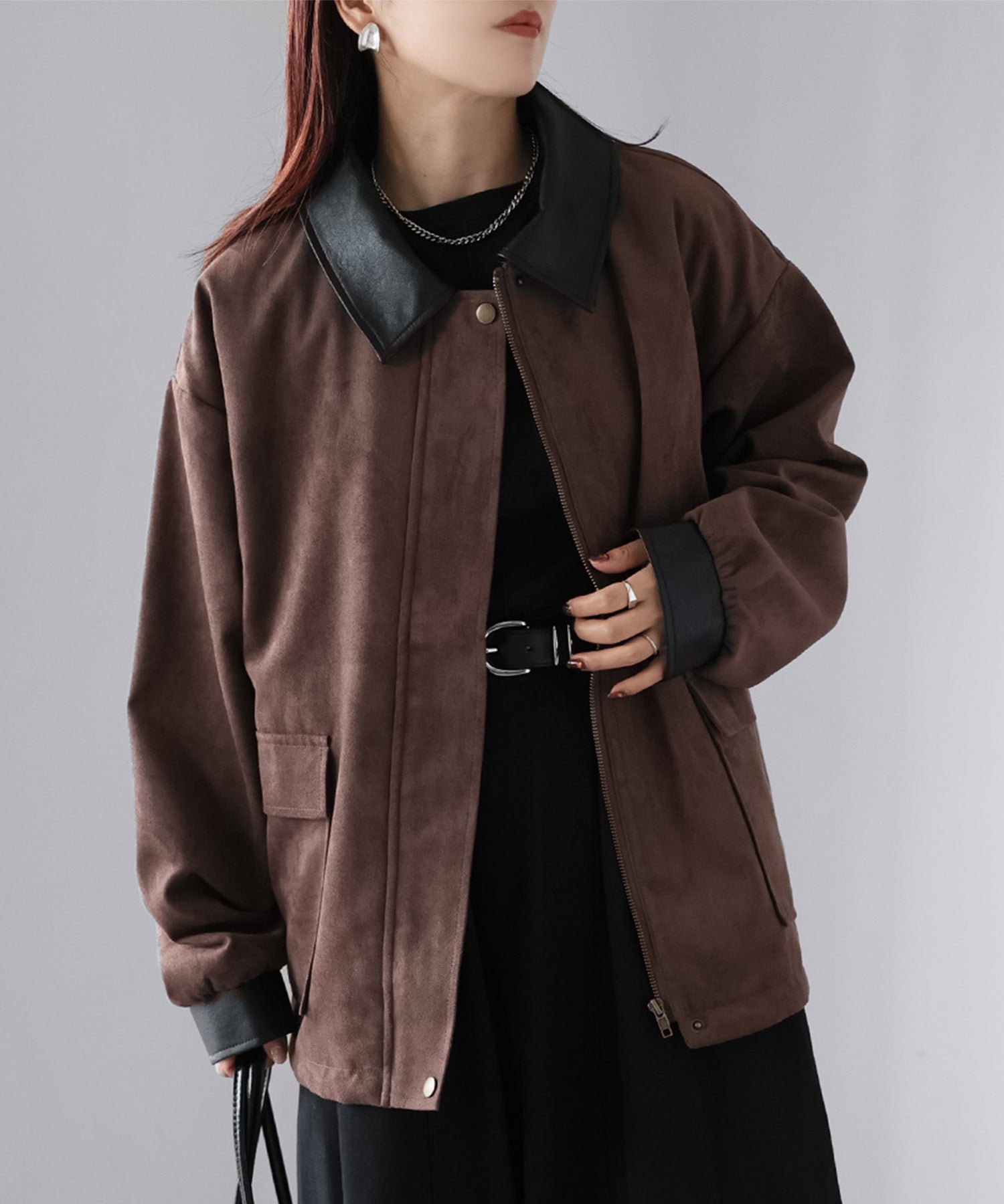 リベリー Riberry フェイクレザー切替中綿スエードブルゾン (ブラウン) ブラウン