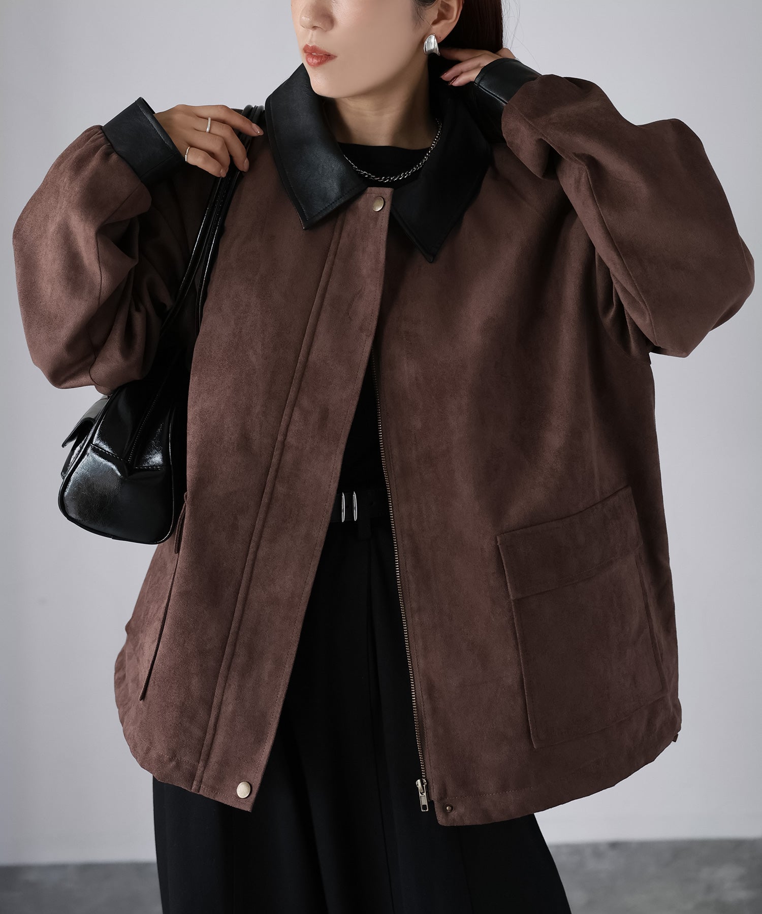 リベリー Riberry フェイクレザー切替中綿スエードブルゾン (ブラウン) ブラウン