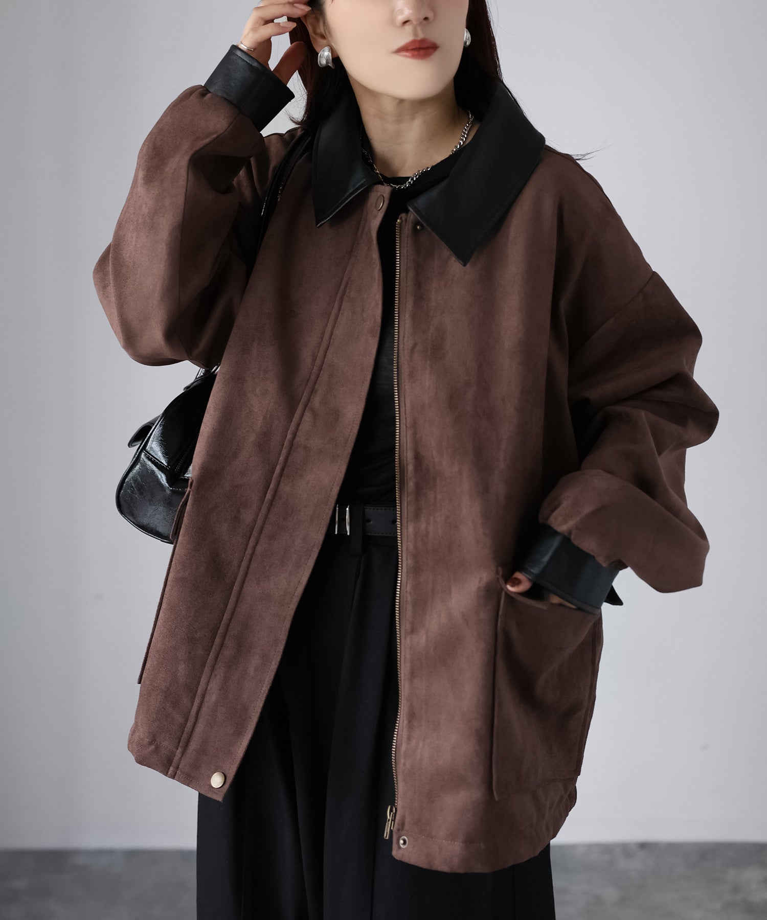 リベリー Riberry フェイクレザー切替中綿スエードブルゾン (ブラウン) ブラウン