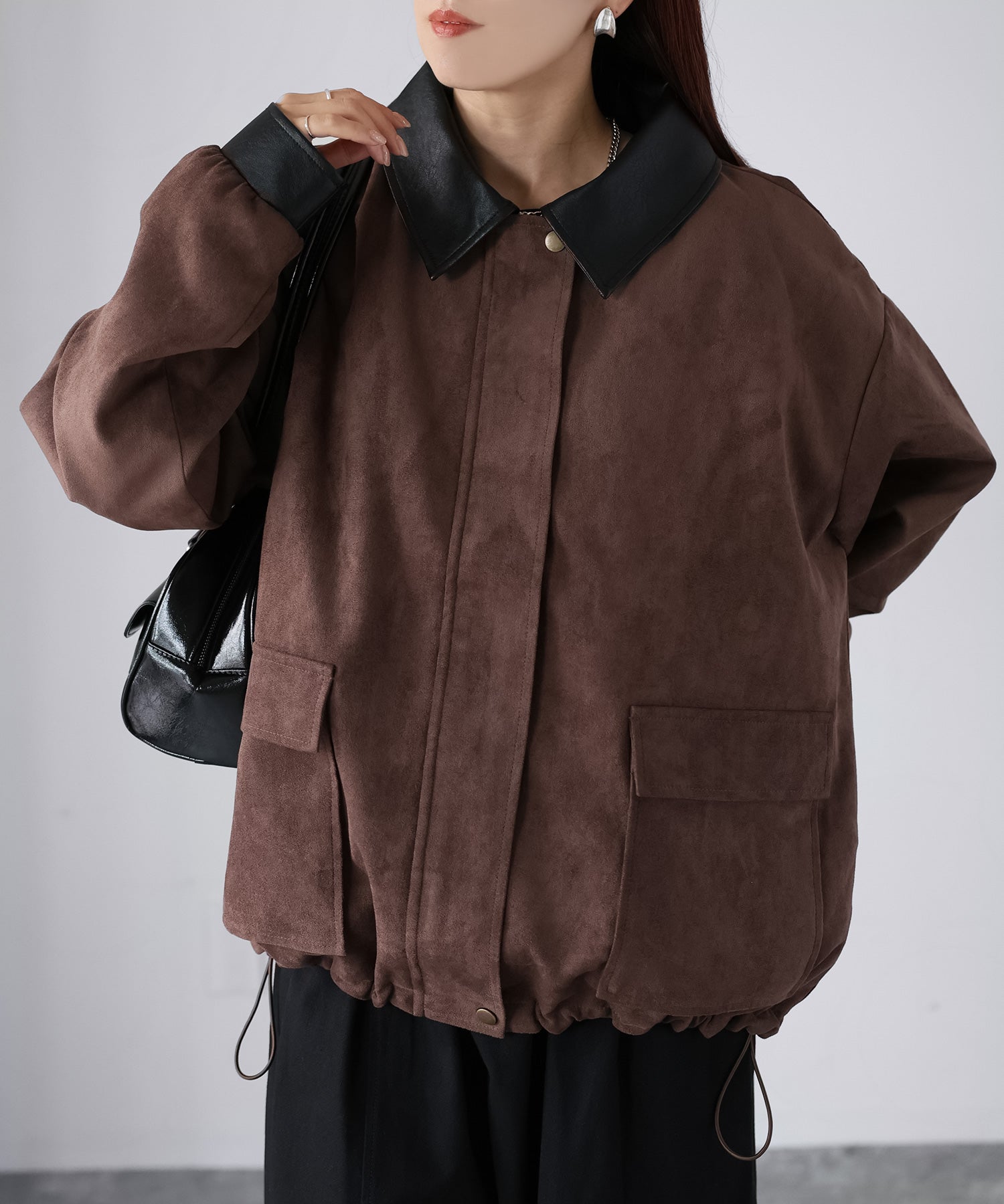 リベリー Riberry フェイクレザー切替中綿スエードブルゾン (ブラウン) ブラウン