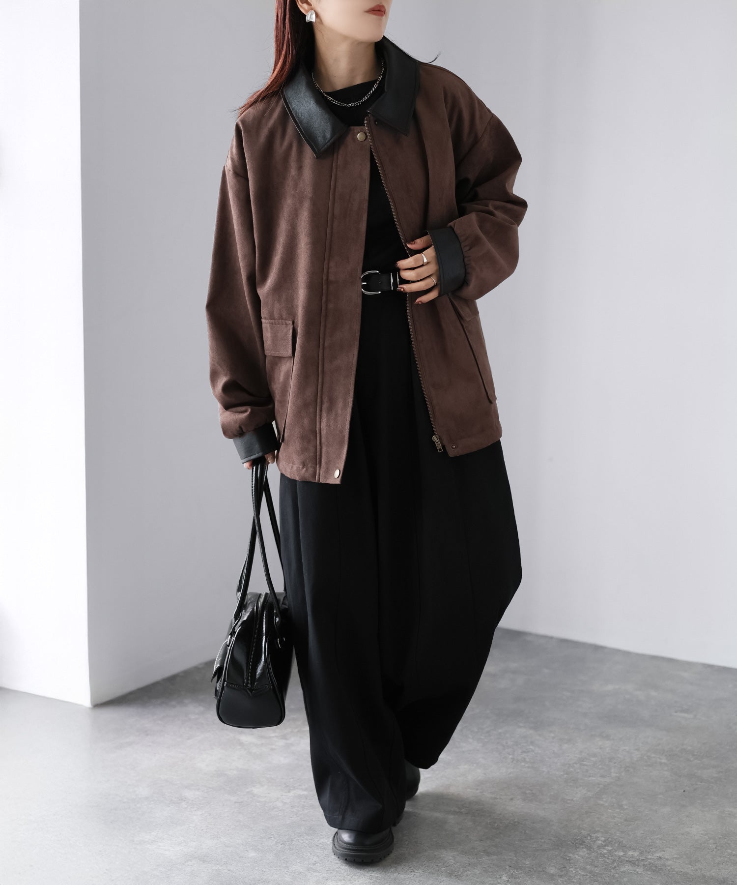 リベリー Riberry フェイクレザー切替中綿スエードブルゾン (ブラウン) ブラウン