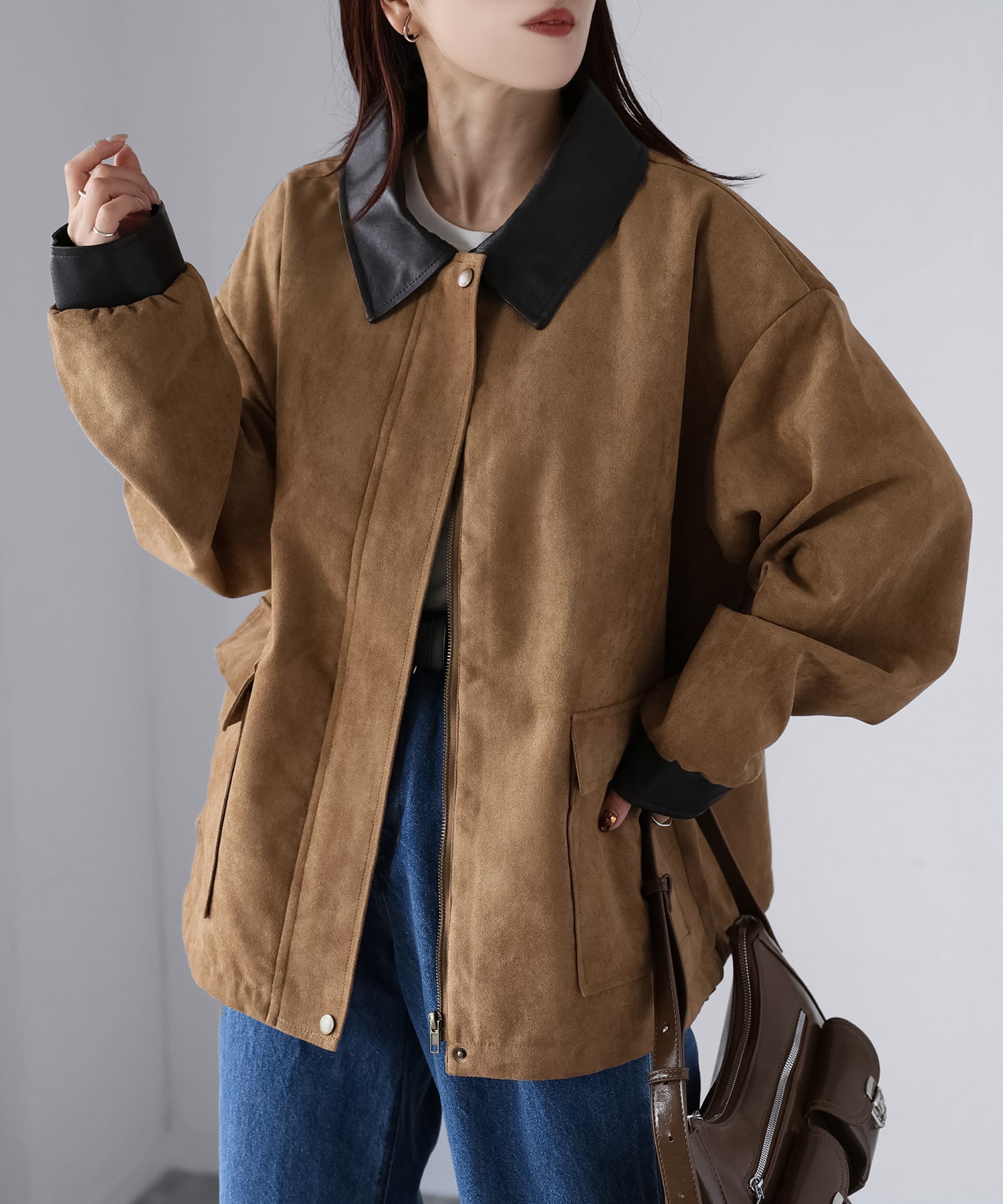 リベリー Riberry フェイクレザー切替中綿スエードブルゾン (キャメル) キャメル