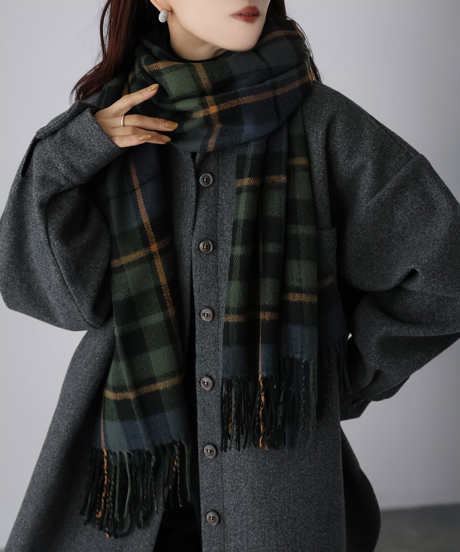 リベリー Riberry 【静電気防止】チェック柄大判マフラー (グリーン) グリーン