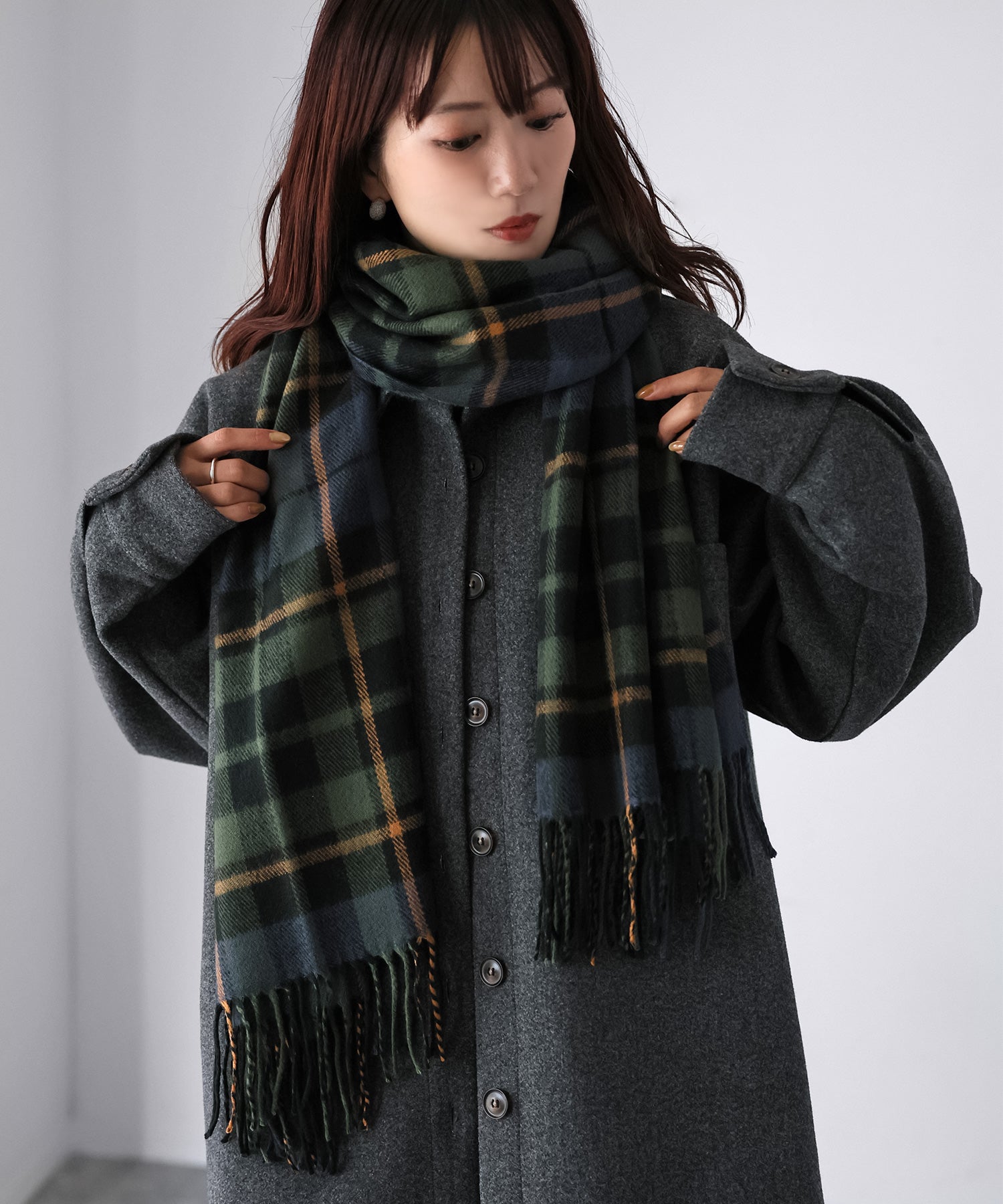 リベリー Riberry 【静電気防止】チェック柄大判マフラー (グリーン) グリーン