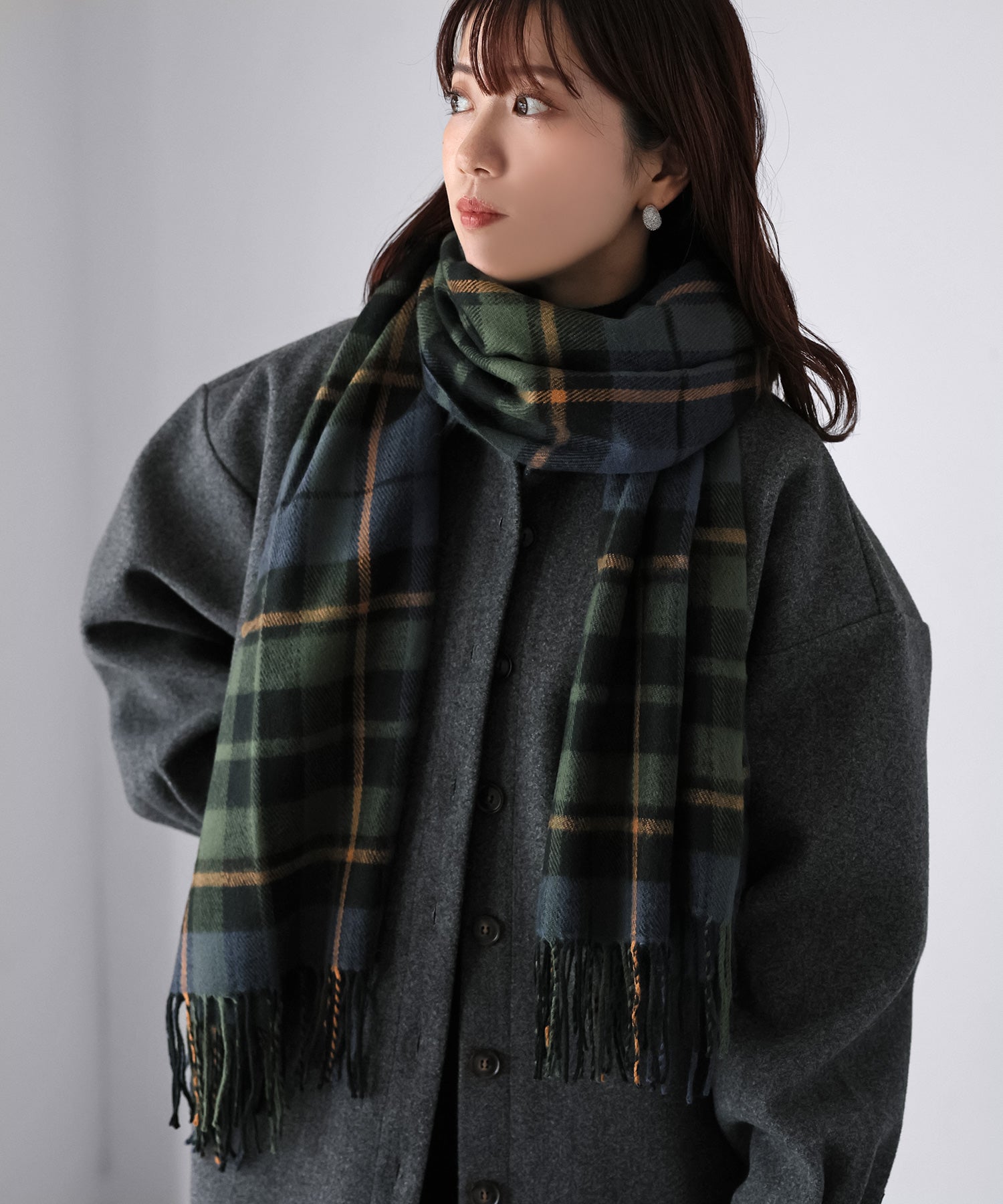 リベリー Riberry 【静電気防止】チェック柄大判マフラー (グリーン) グリーン