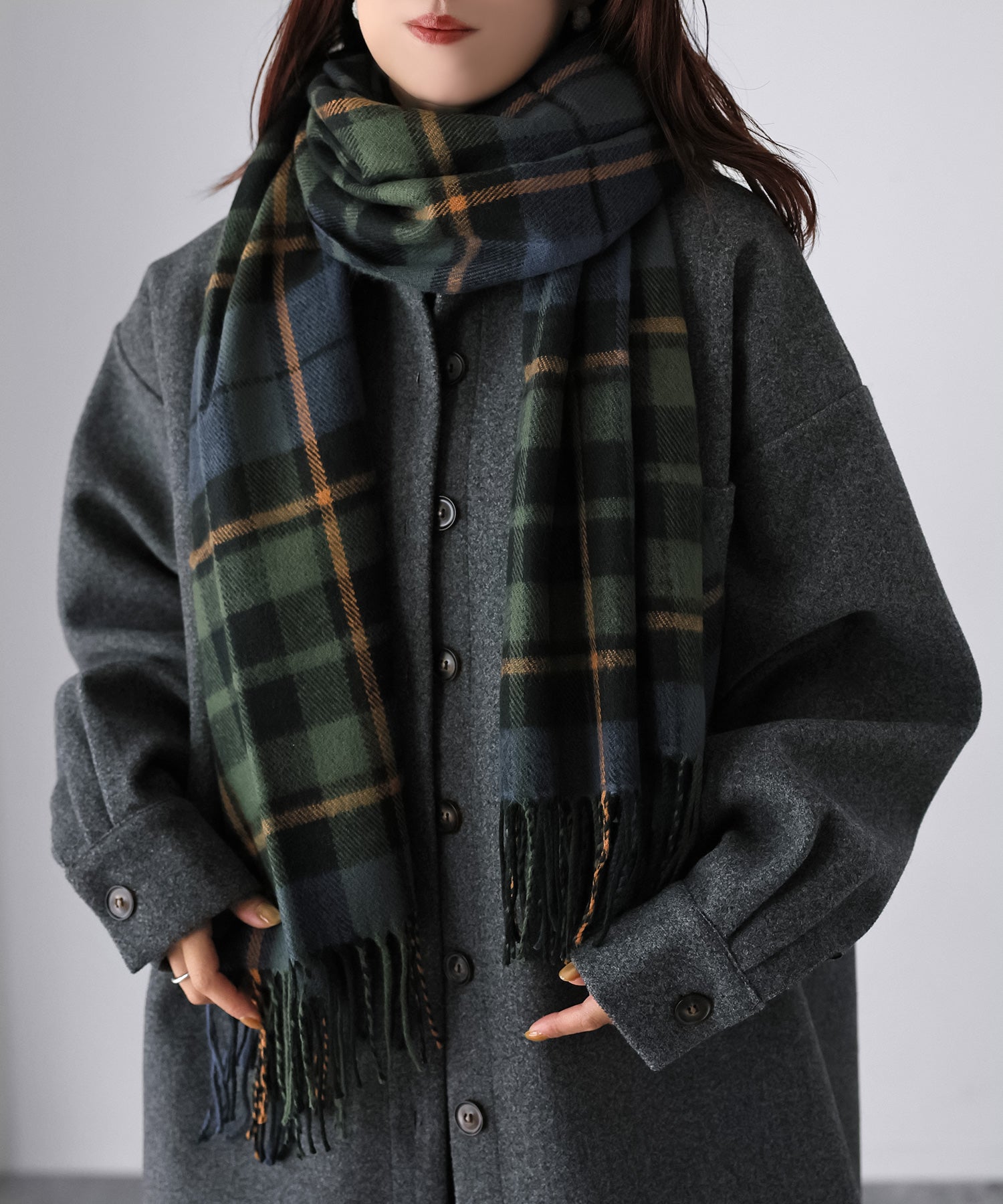 リベリー Riberry 【静電気防止】チェック柄大判マフラー (グリーン) グリーン