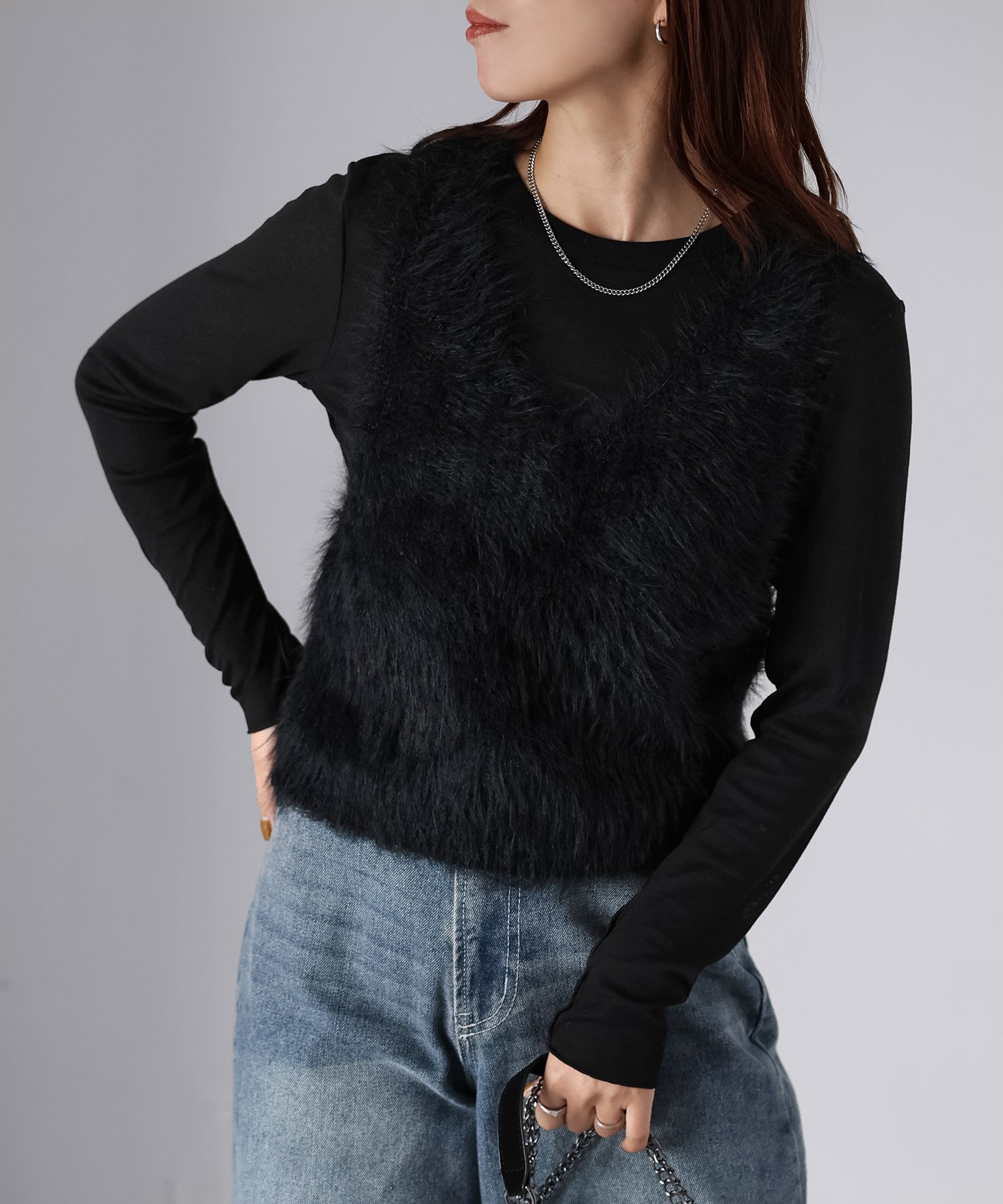 リベリー Riberry 前後2WAYシャギーニットビスチェ (ブラック) ブラック