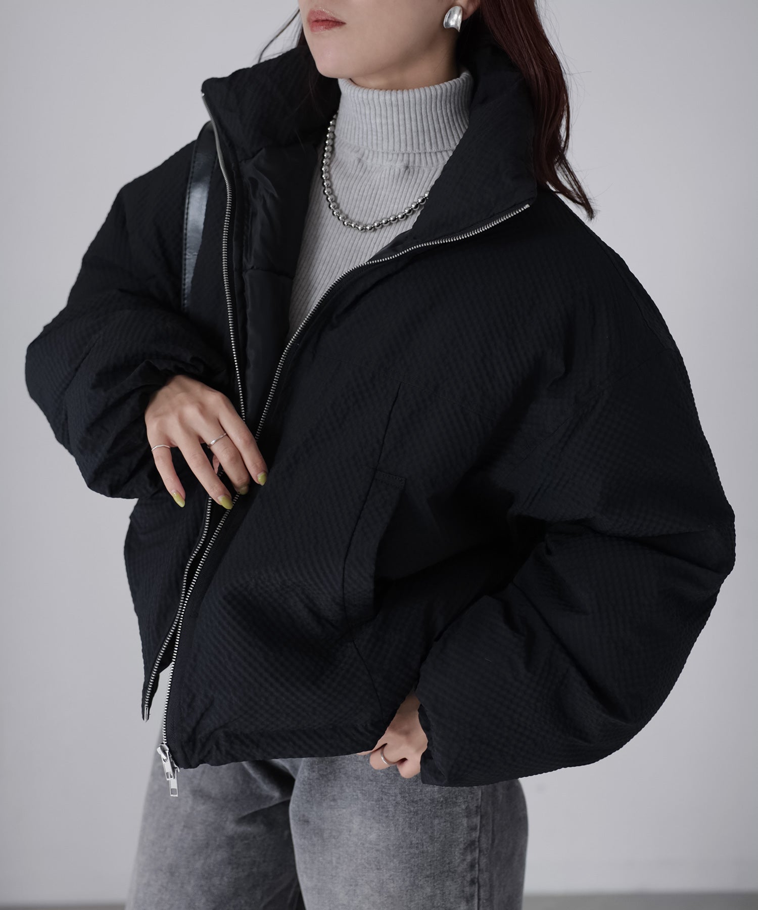 リベリー Riberry チェックサッカースタンドカラーショートダウン (ブラック) ブラック