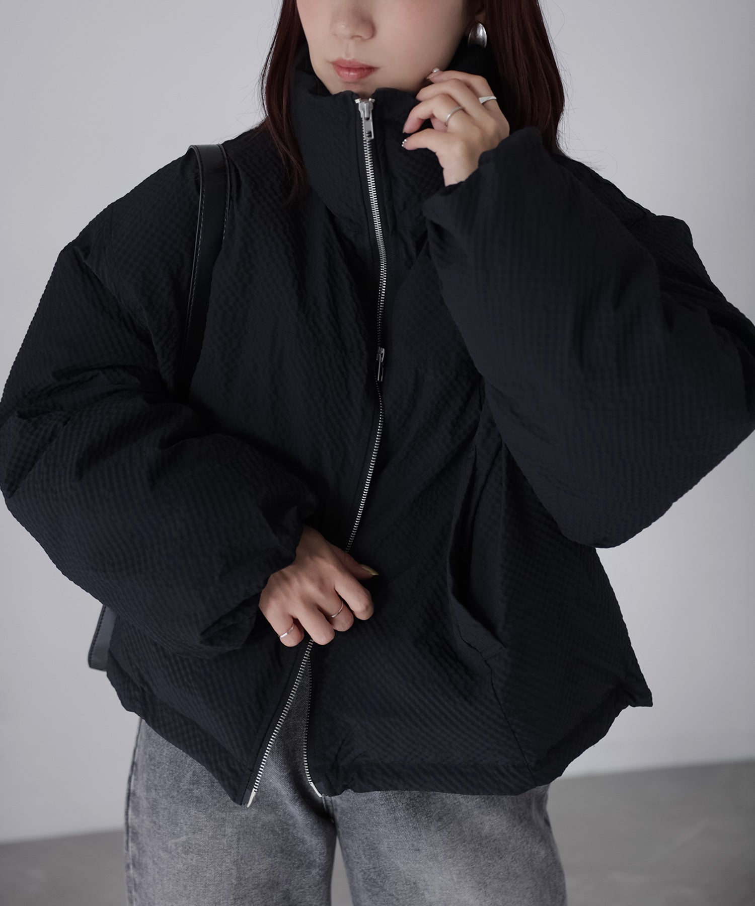 リベリー Riberry チェックサッカースタンドカラーショートダウン (ブラック) ブラック