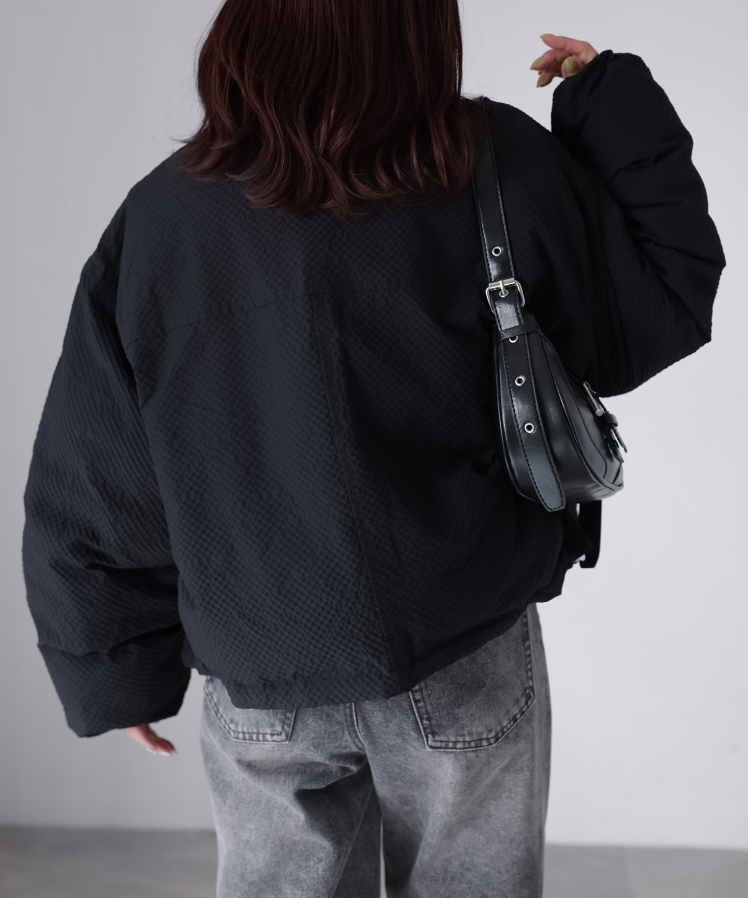 リベリー Riberry チェックサッカースタンドカラーショートダウン (ブラック) ブラック